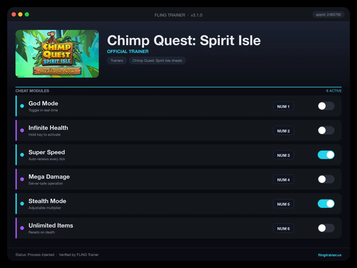 Chimp Quest: Spirit Isle Trainer interface