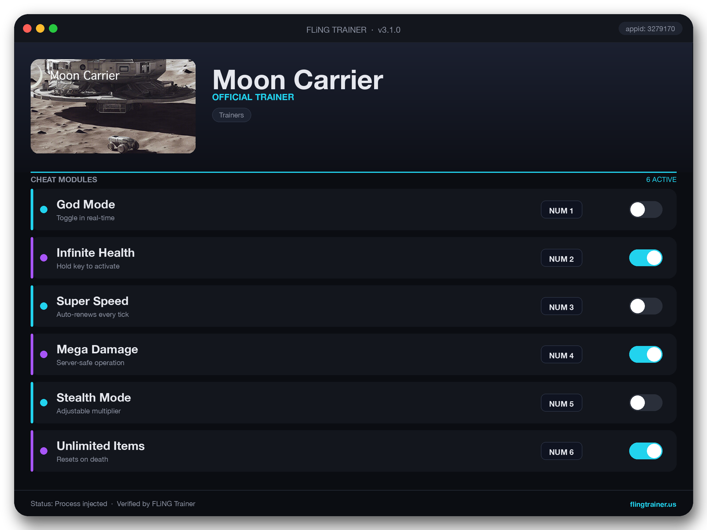 Moon Carrier Trainer interface
