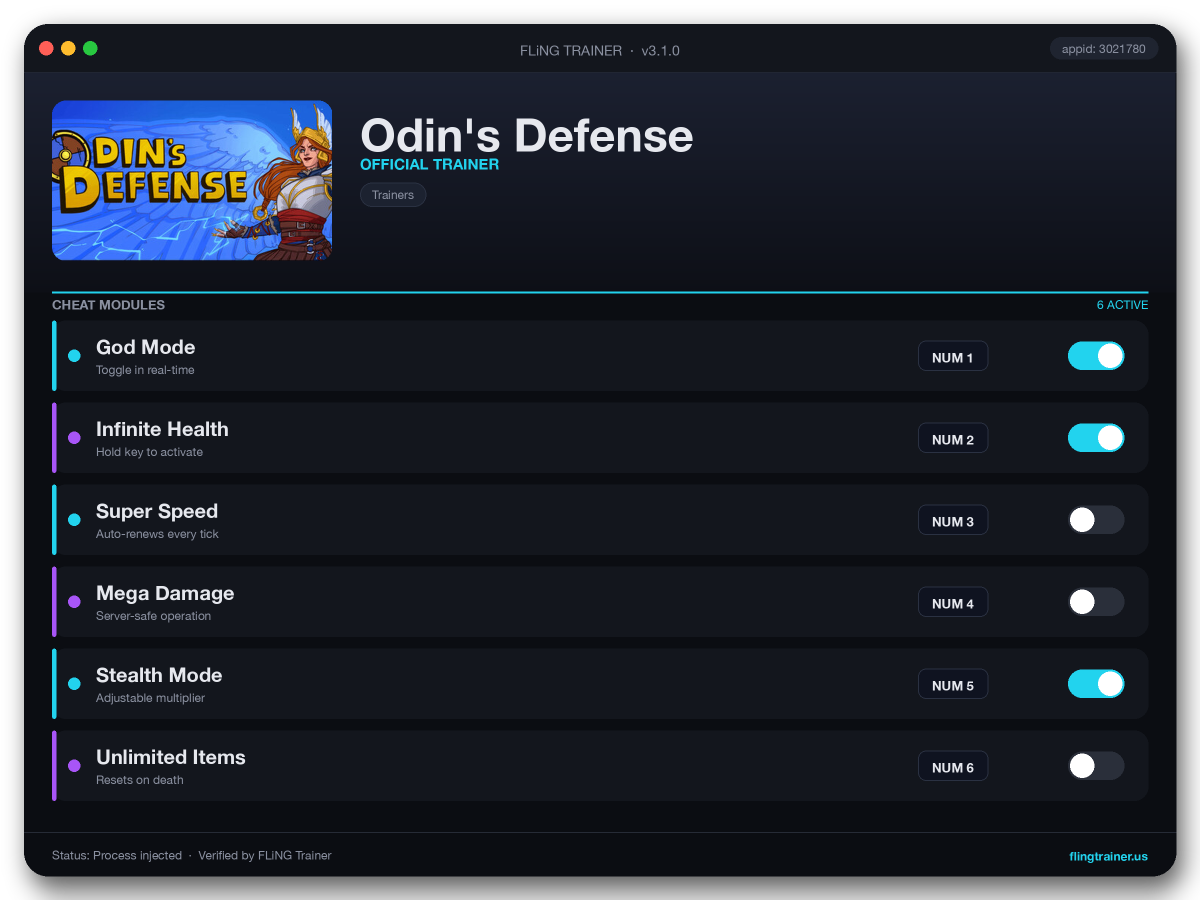 Odin's Defense Trainer interface