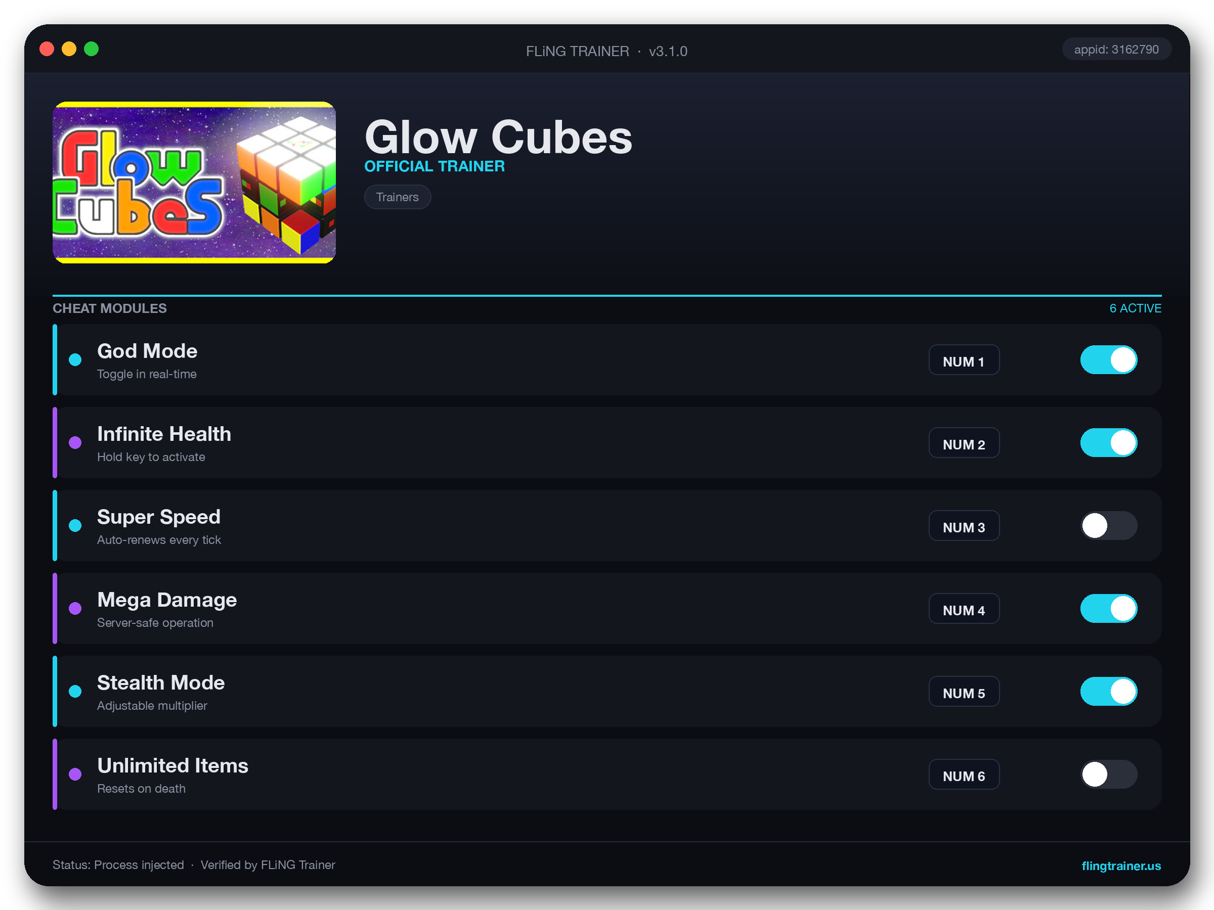 Glow Cubes Trainer interface