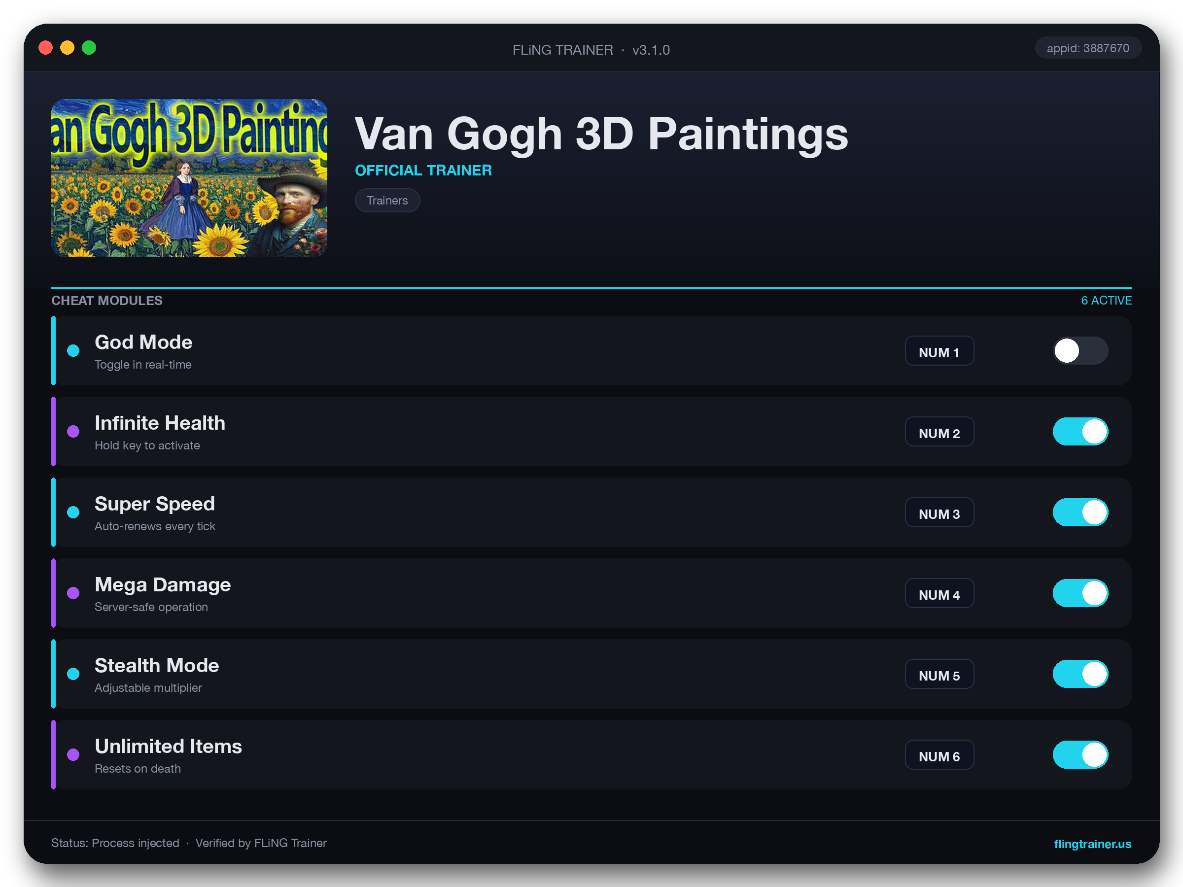 Van Gogh 3D Paintings Trainer interface
