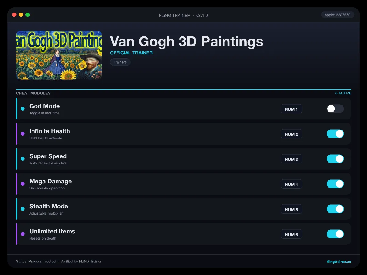 Van Gogh 3D Paintings Trainer interface