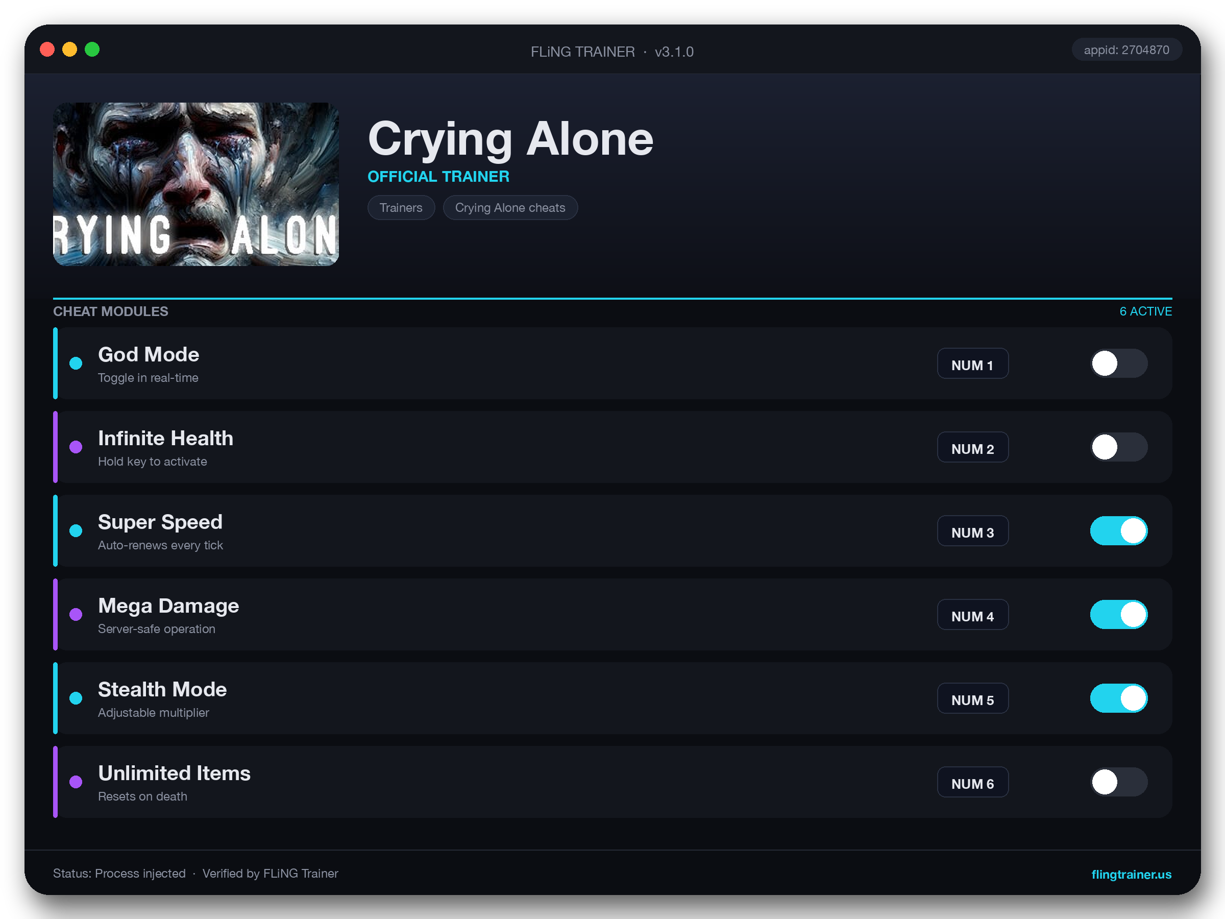 Crying Alone Trainer interface