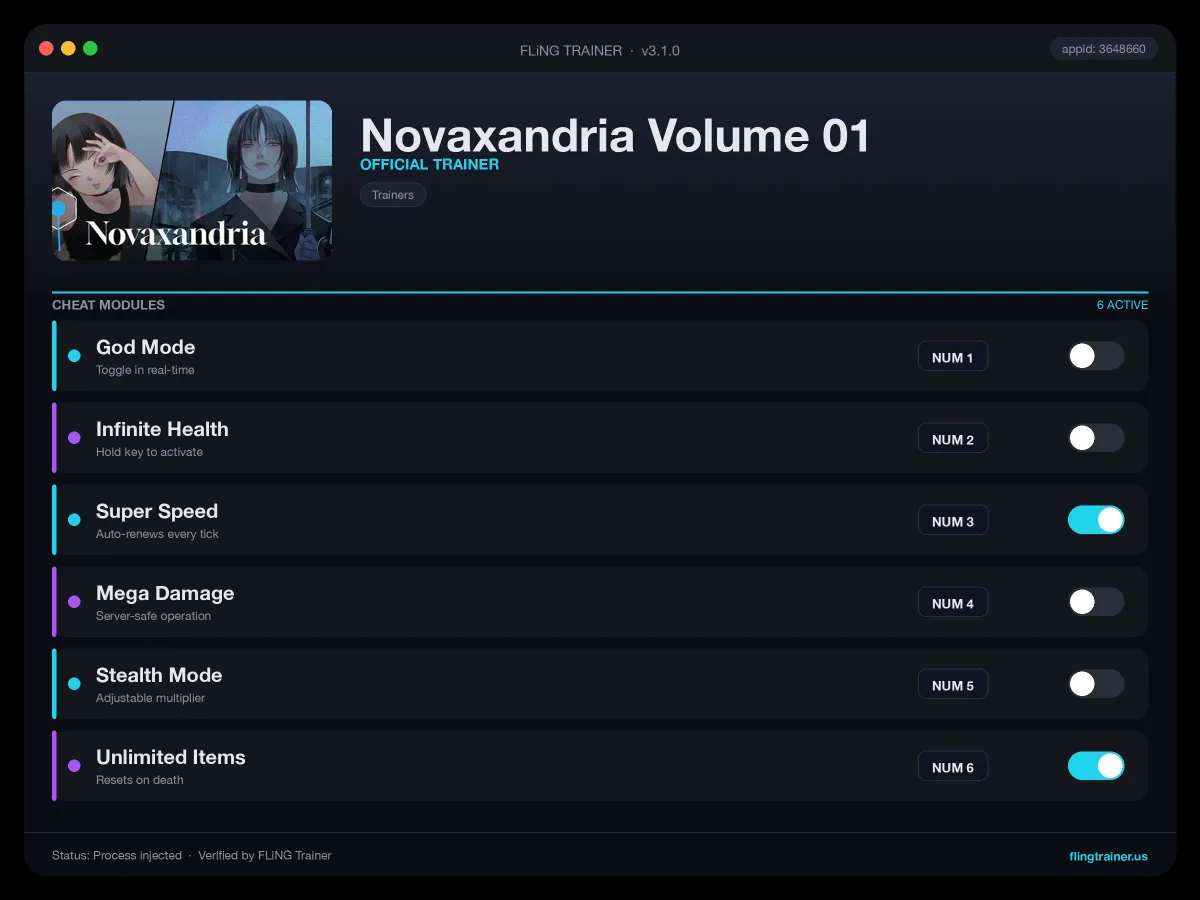 Novaxandria Volume 01 Trainer interface