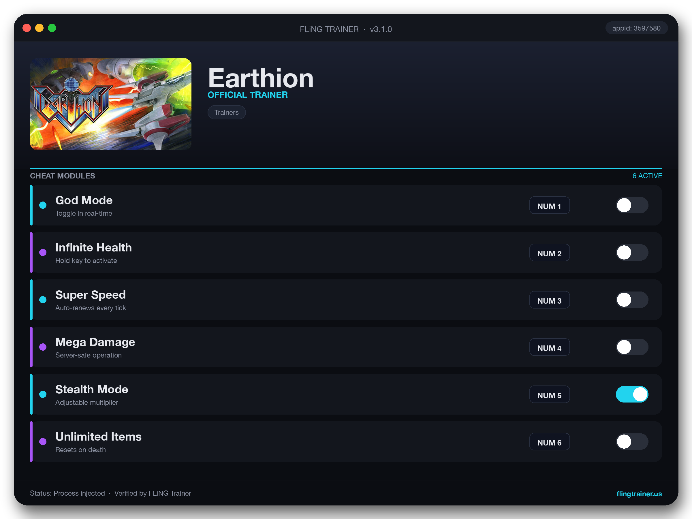 Earthion Trainer interface