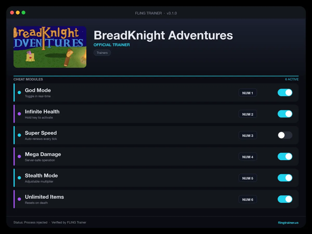 BreadKnight Adventures Trainer interface