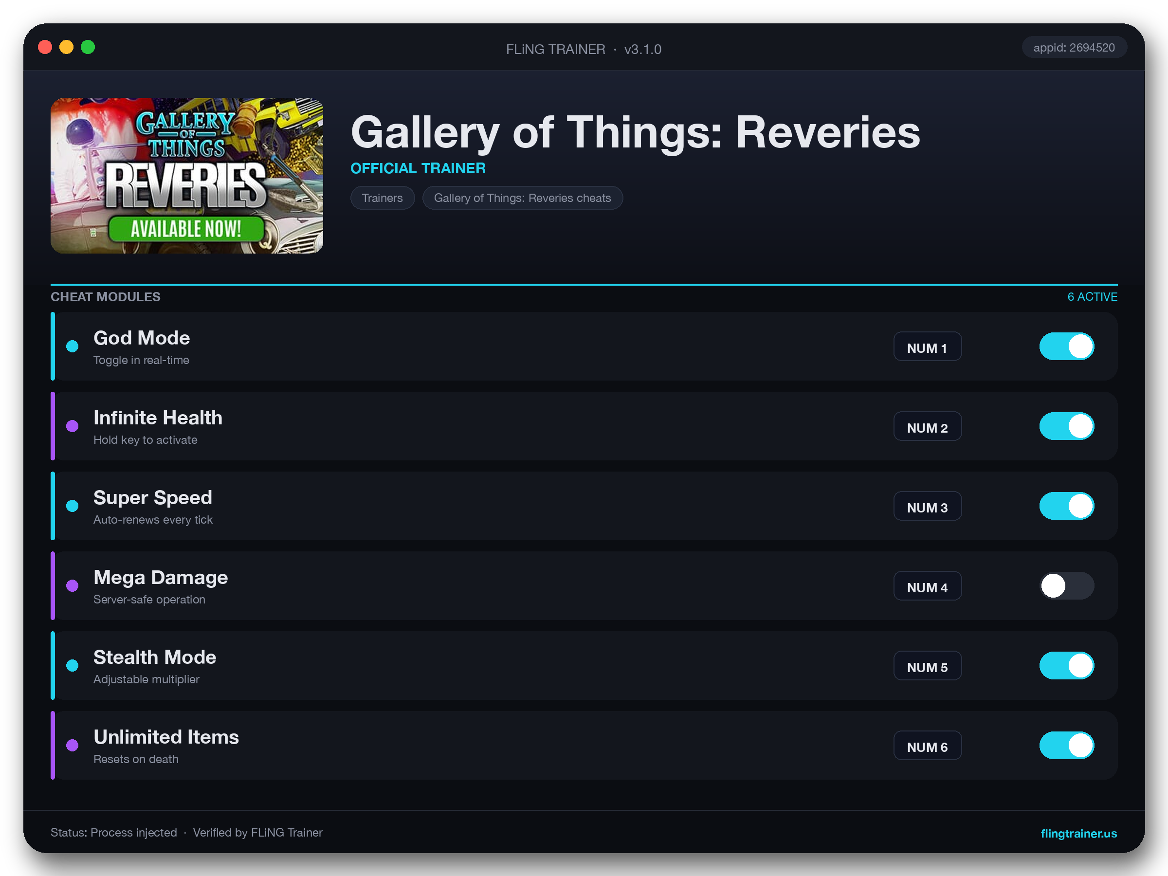 Gallery of Things: Reveries Trainer interface