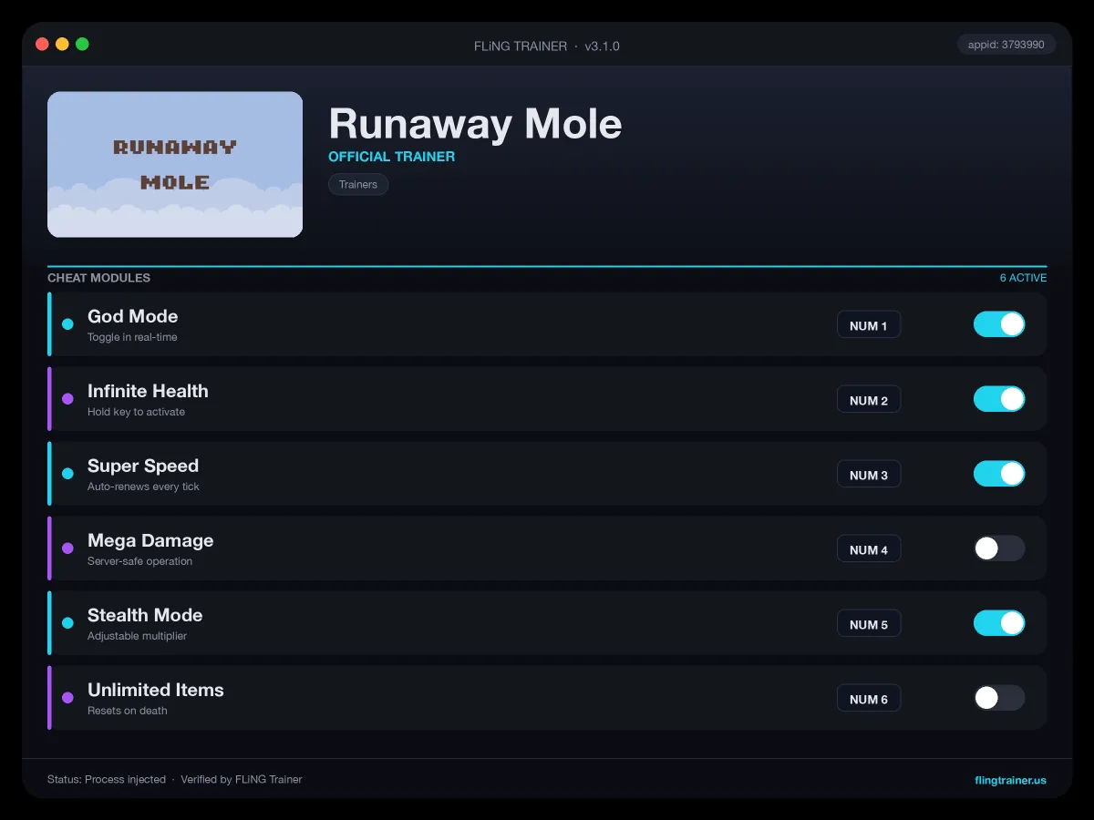 Runaway Mole Trainer interface