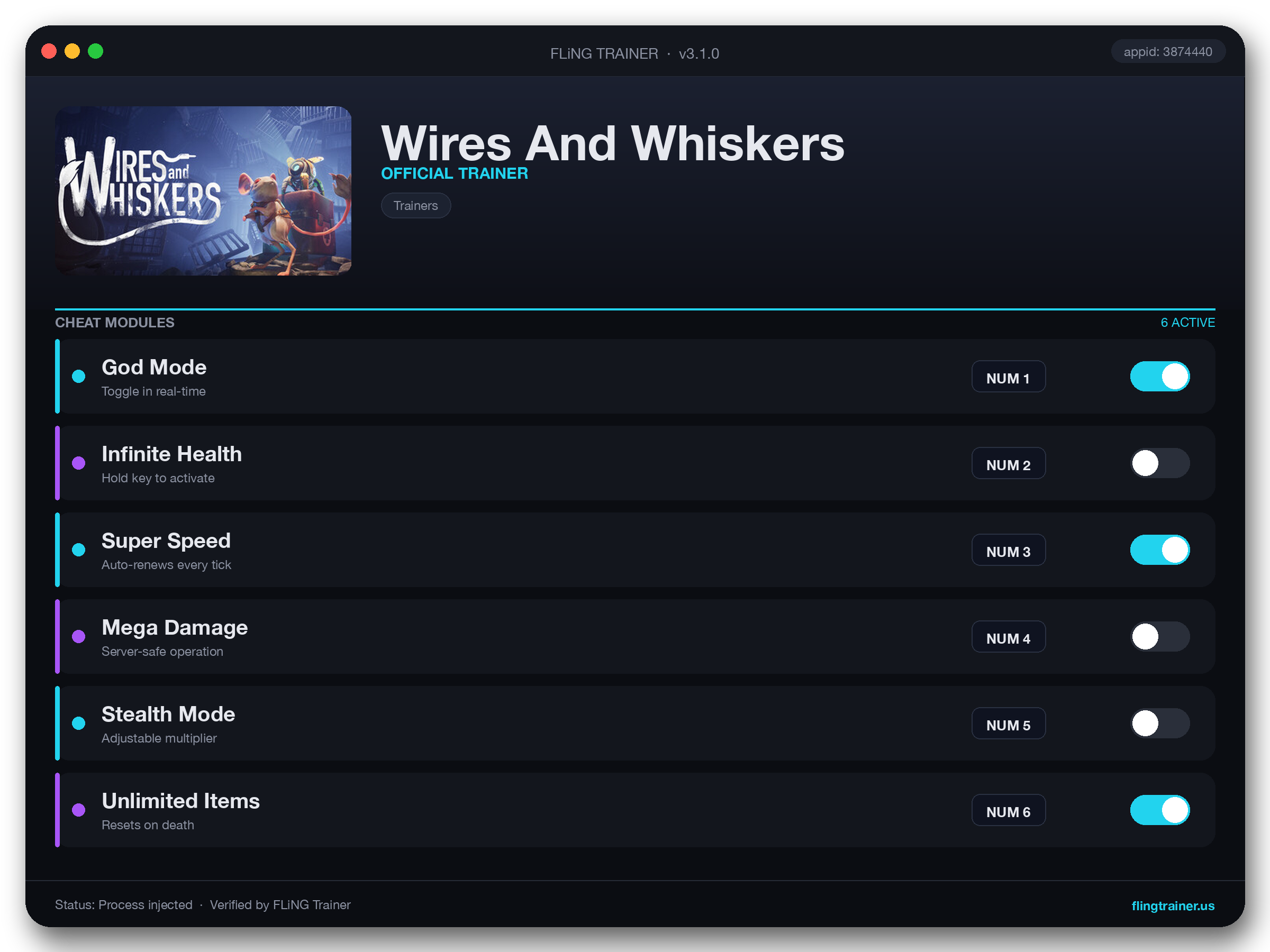 Wires And Whiskers Trainer interface
