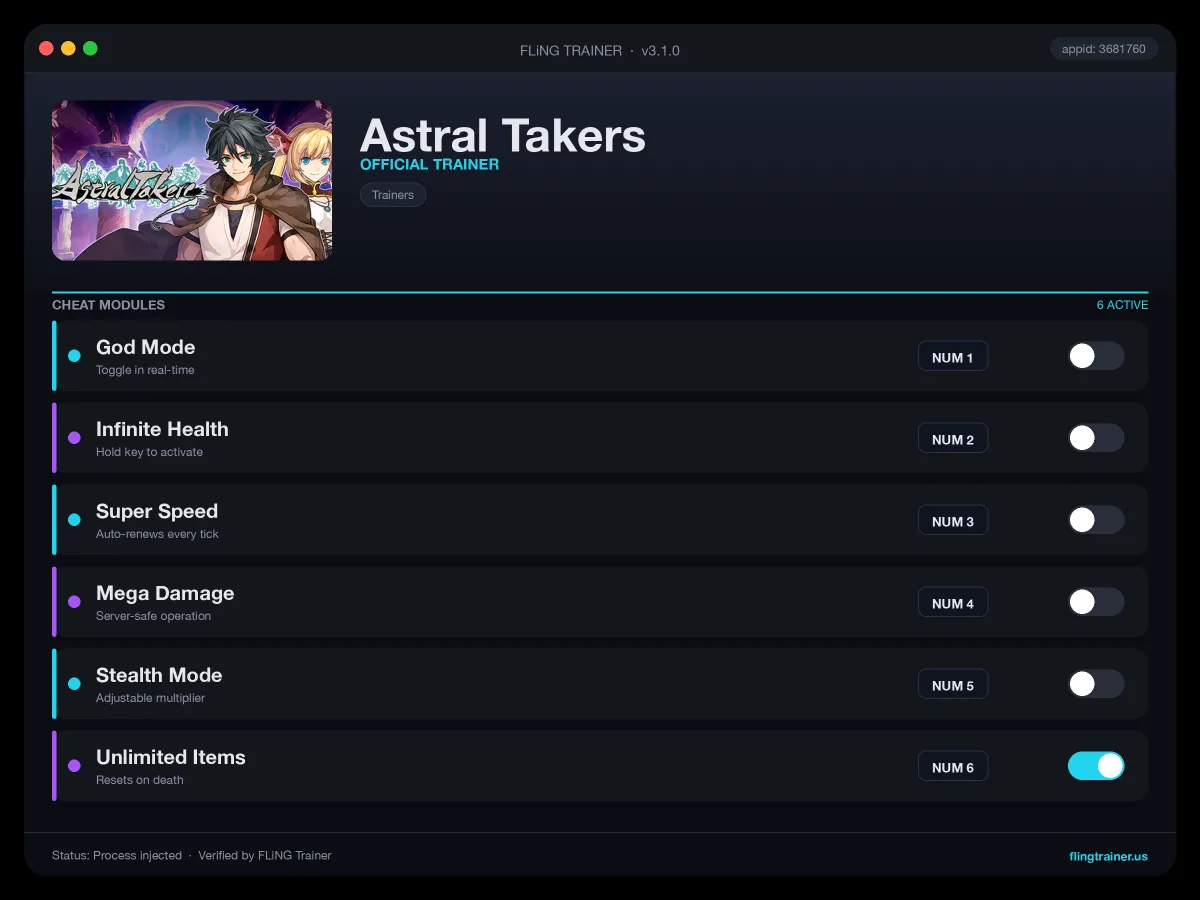Astral Takers Trainer interface