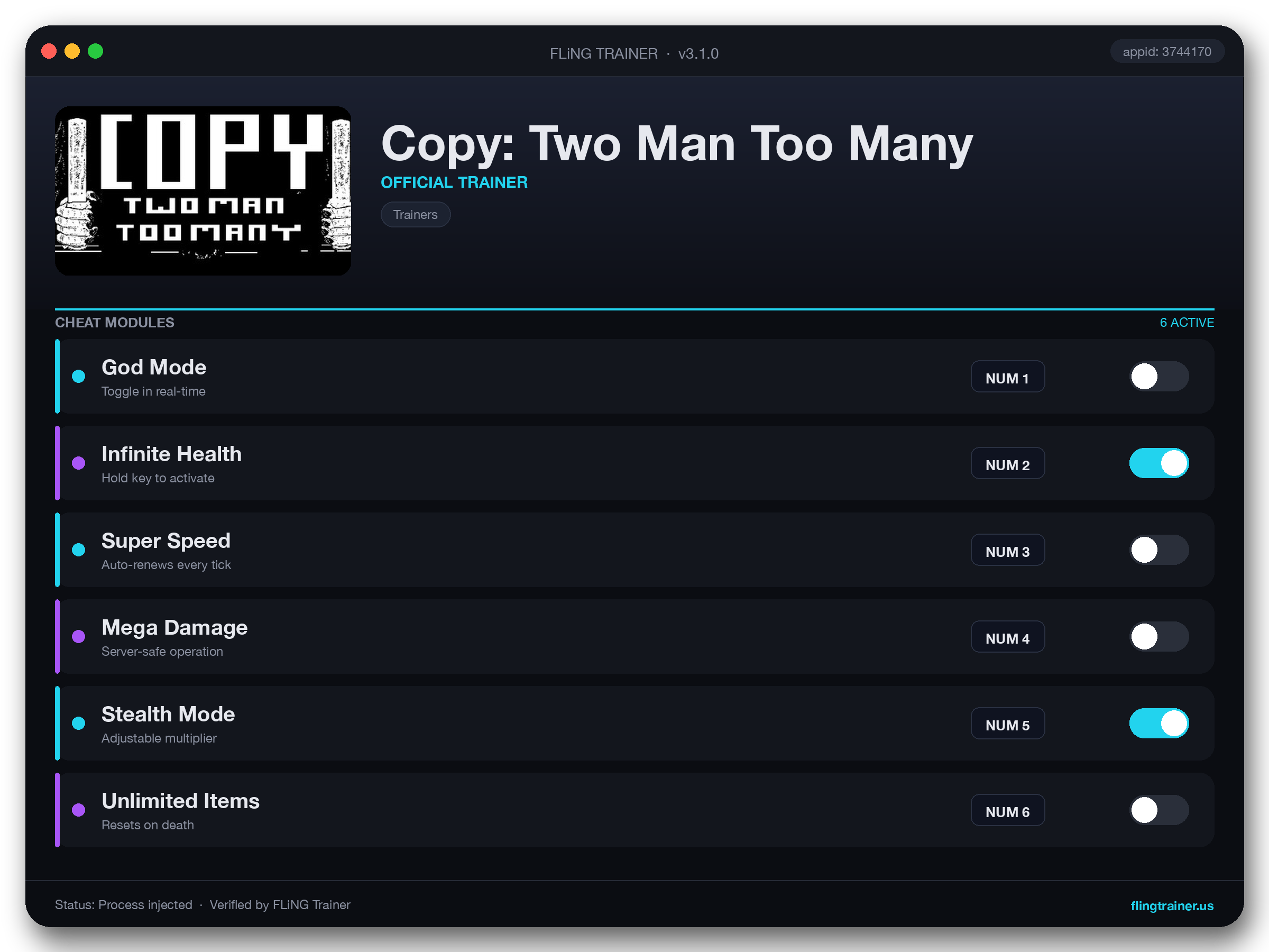 Copy: Two Man Too Many Trainer interface