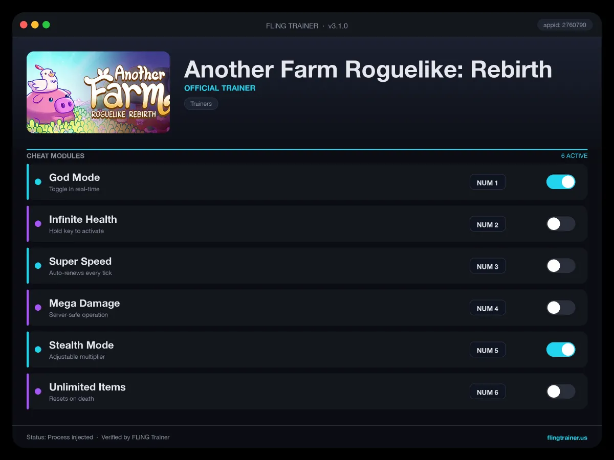 Another Farm Roguelike: Rebirth Trainer interface