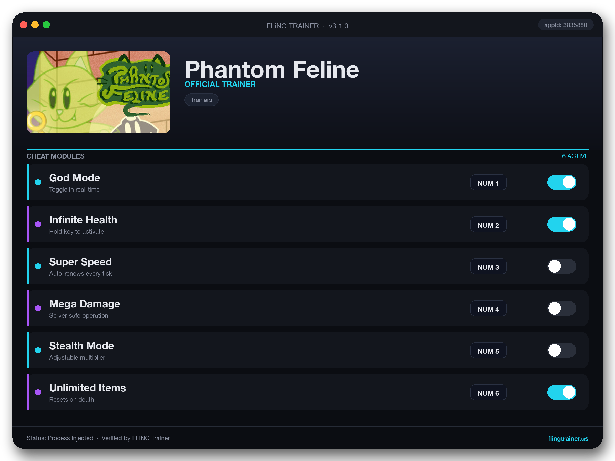 Phantom Feline Trainer interface
