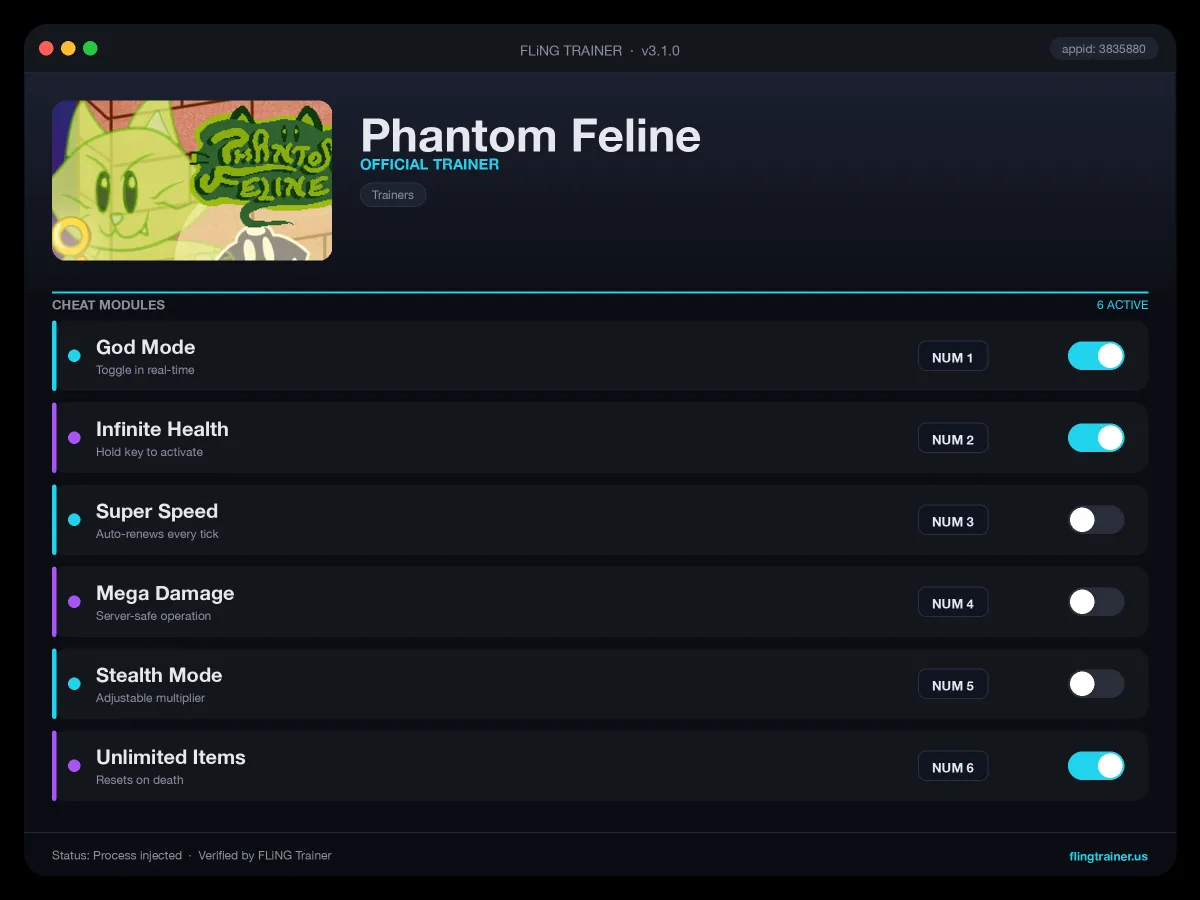 Phantom Feline Trainer interface