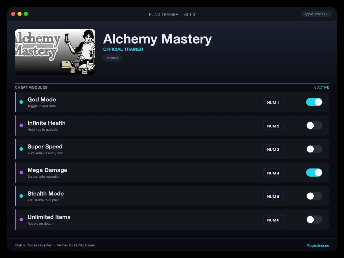 Alchemy Mastery Trainer interface