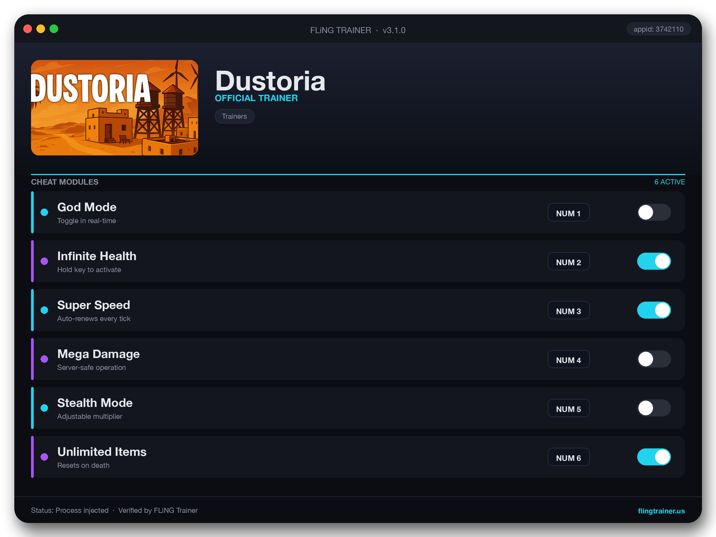 Dustoria Trainer interface