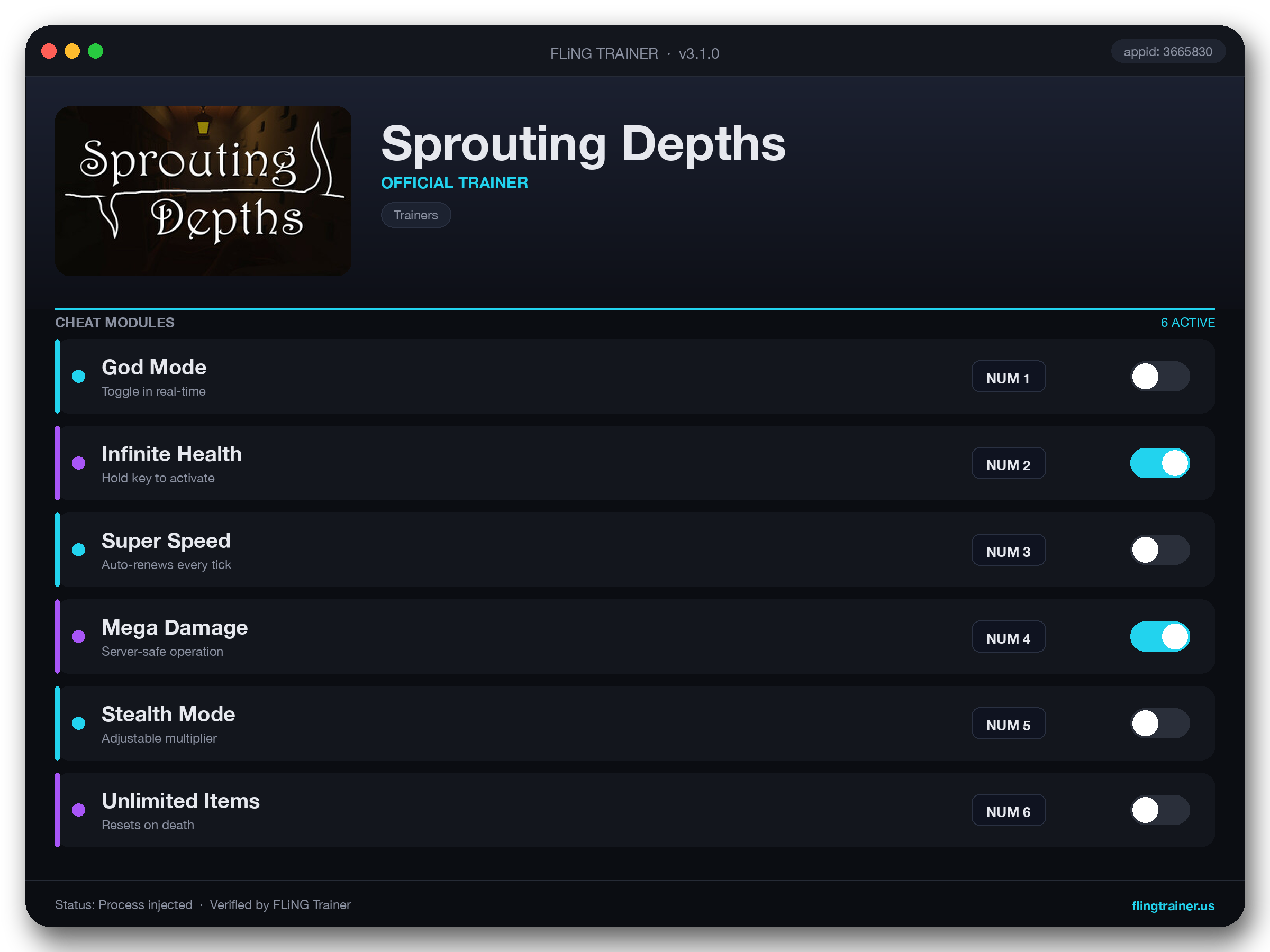 Sprouting Depths Trainer interface