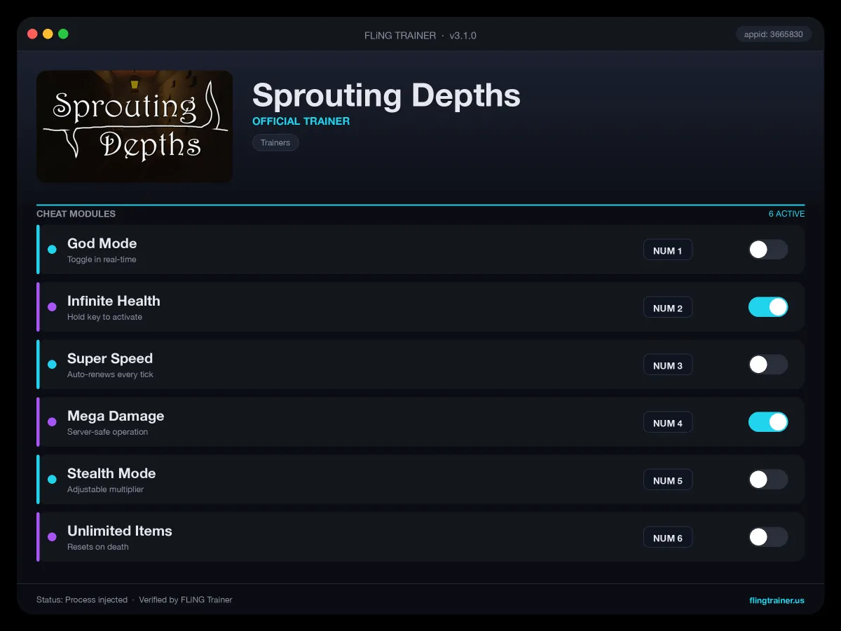Sprouting Depths Trainer interface