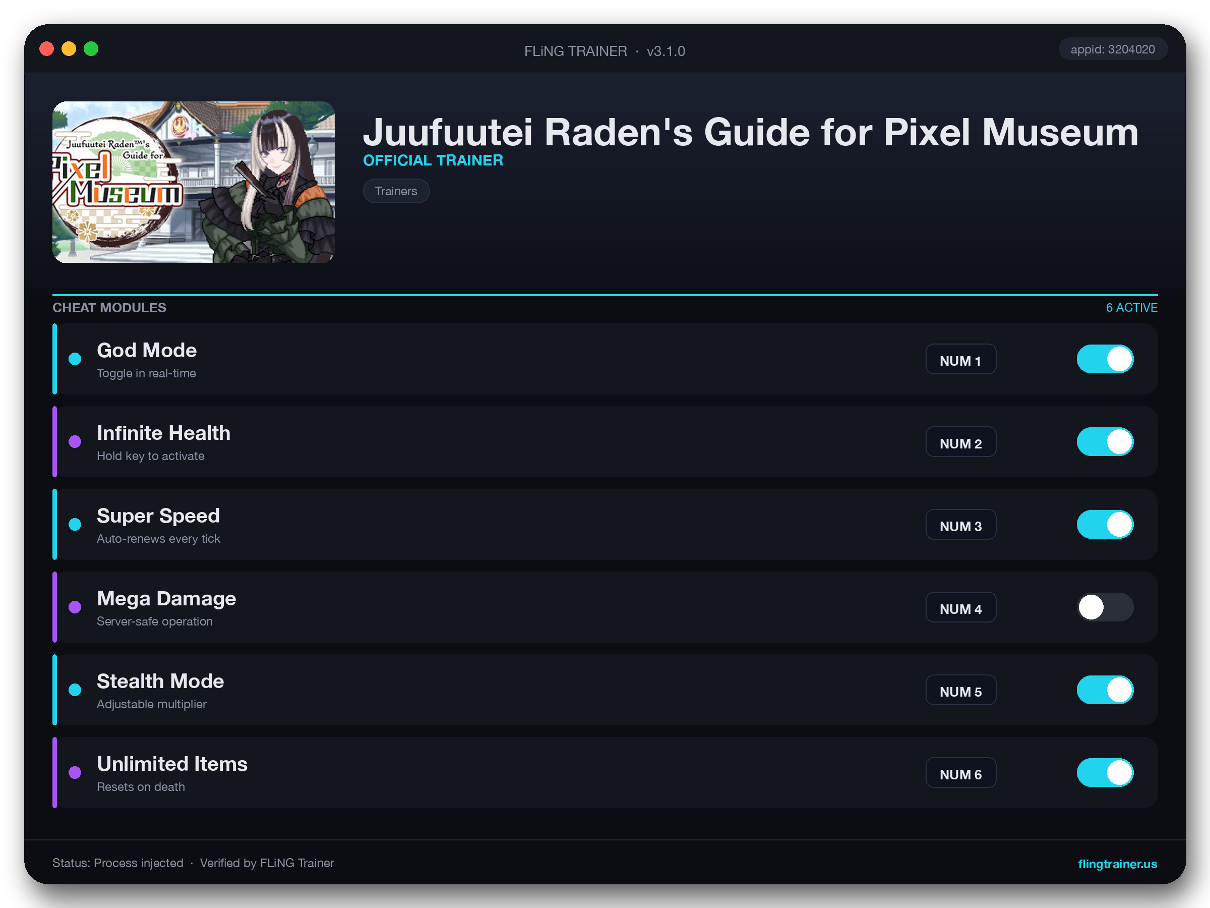 Juufuutei Raden's Guide for Pixel Museum Trainer interface