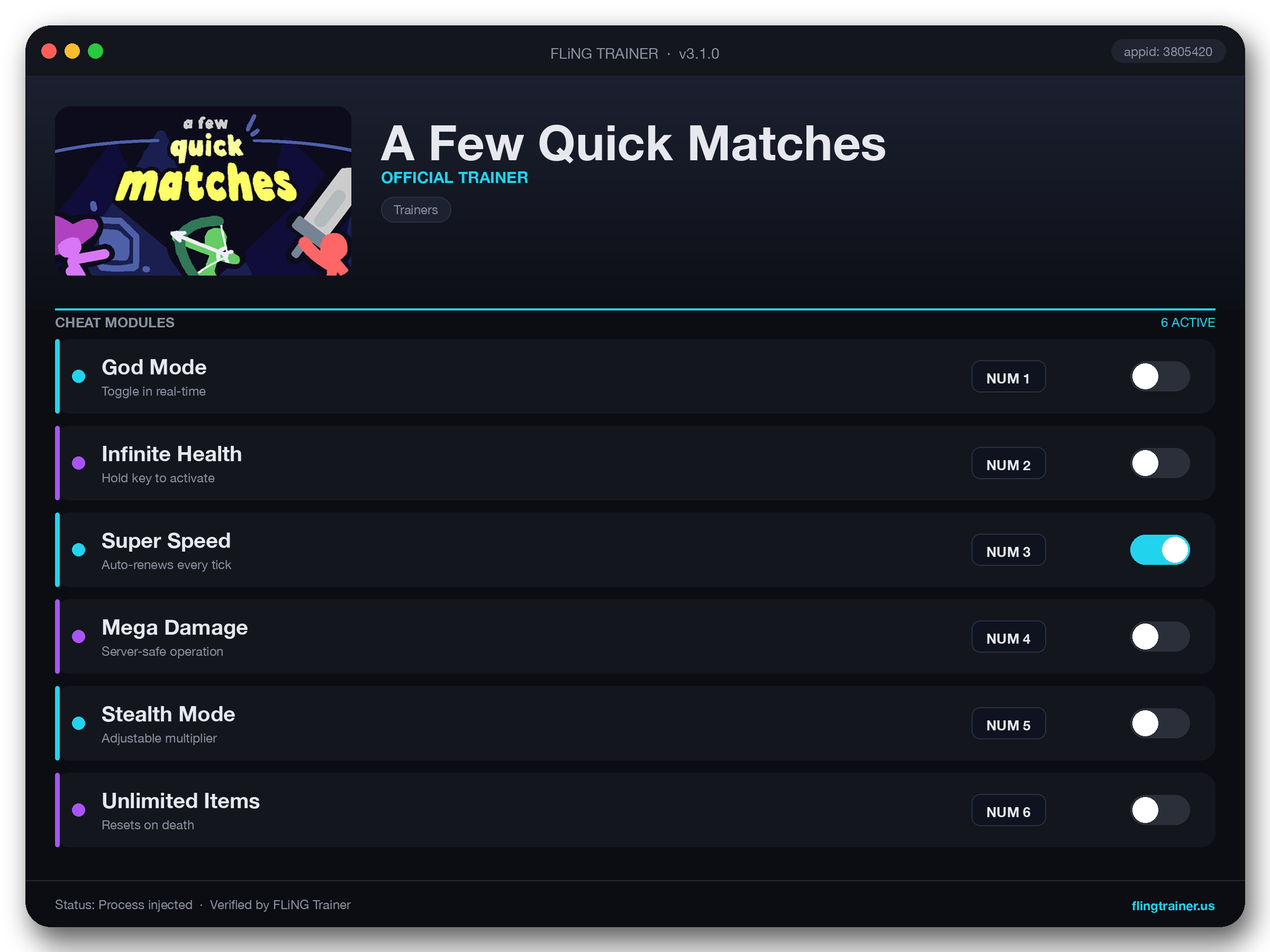 A Few Quick Matches Trainer interface