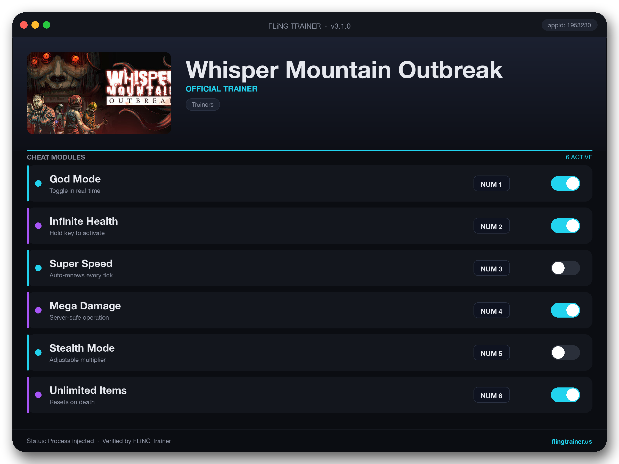 Whisper Mountain Outbreak Trainer interface
