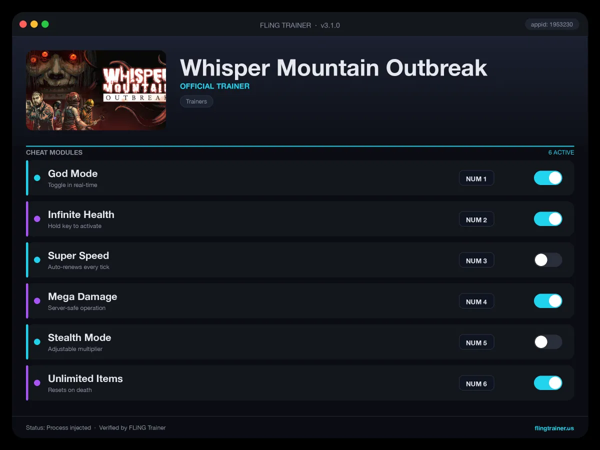 Whisper Mountain Outbreak Trainer interface