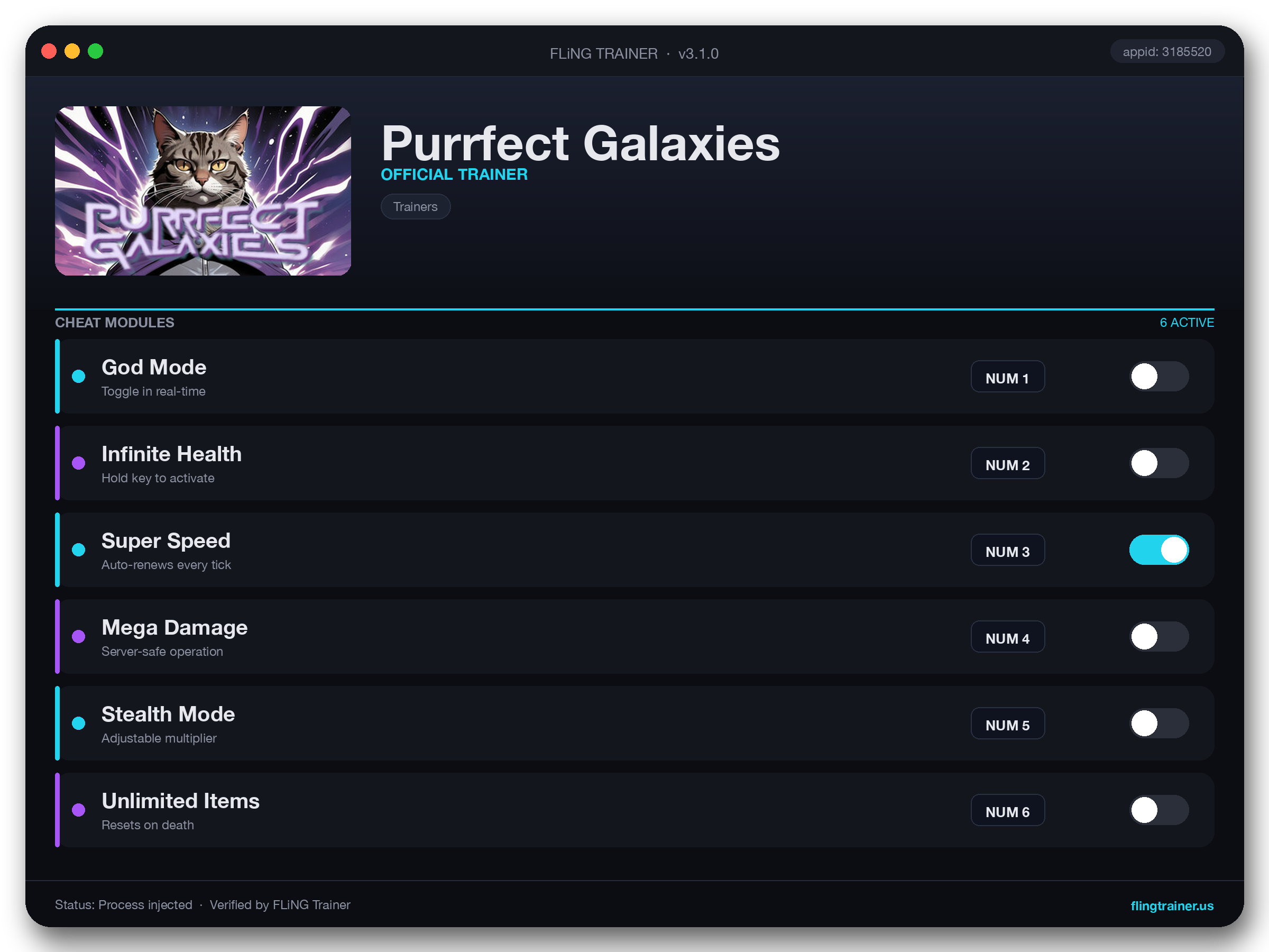 Purrfect Galaxies Trainer interface