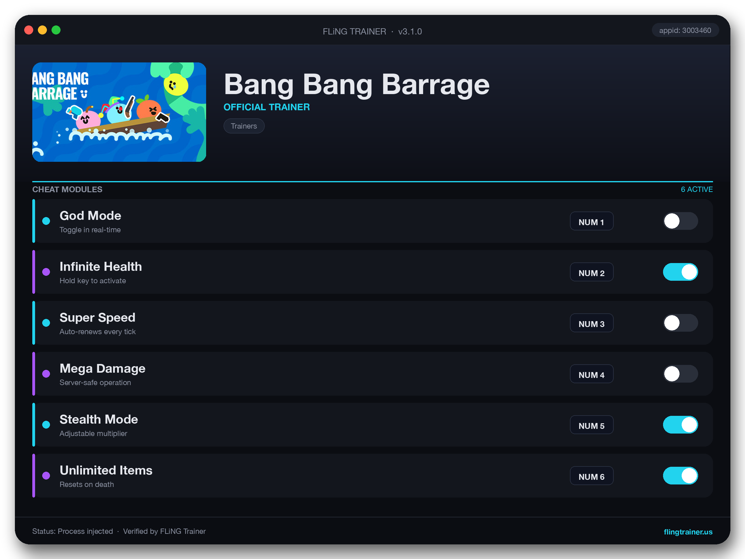 Bang Bang Barrage Trainer interface