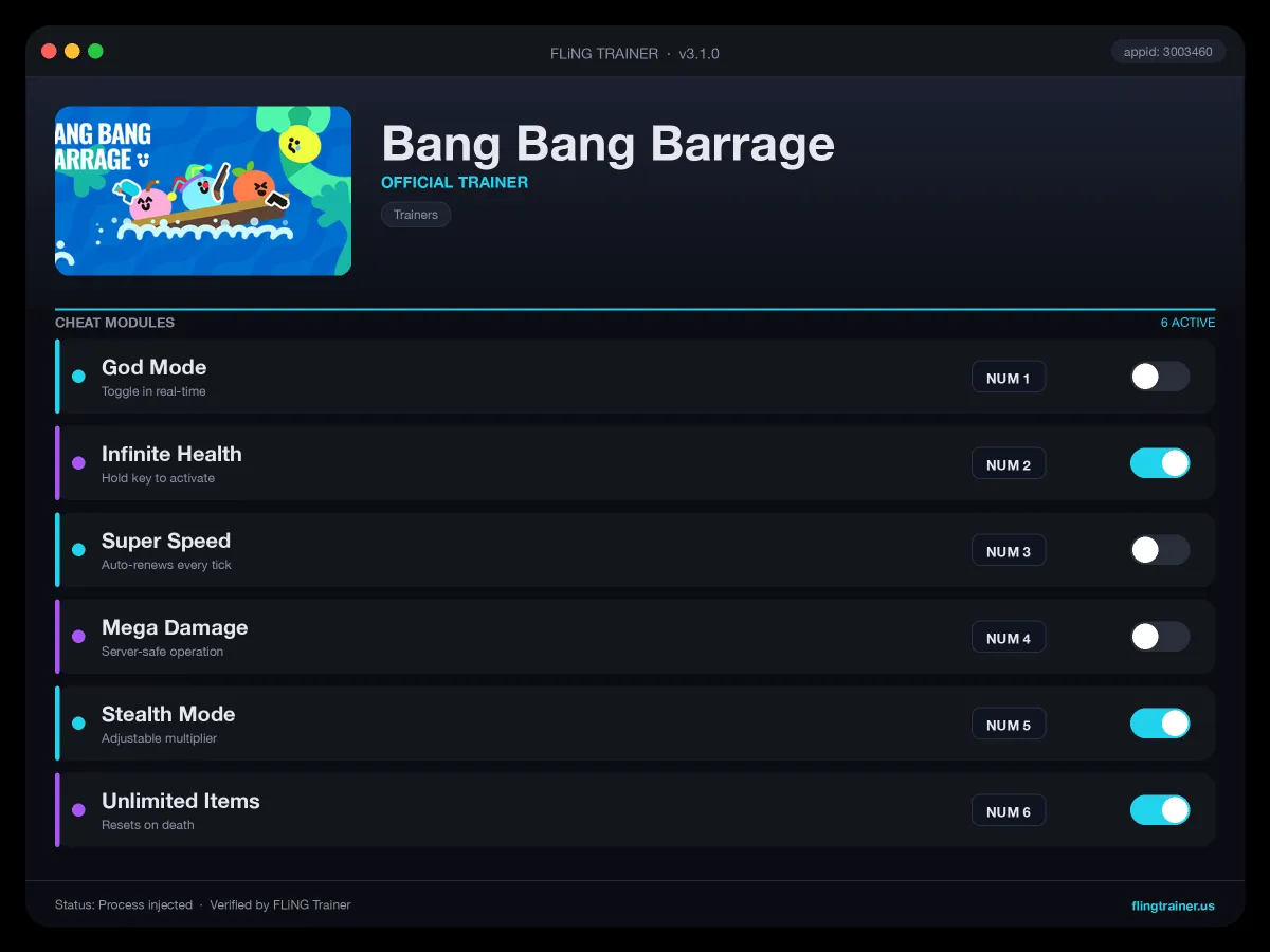 Bang Bang Barrage Trainer interface