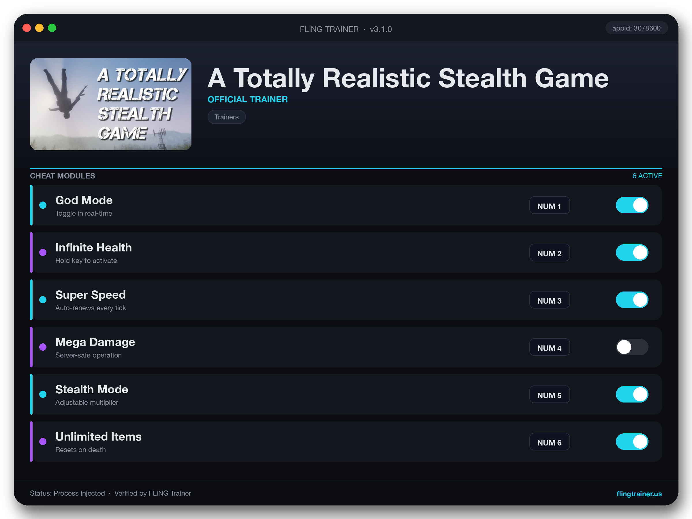 A Totally Realistic Stealth Game Trainer interface