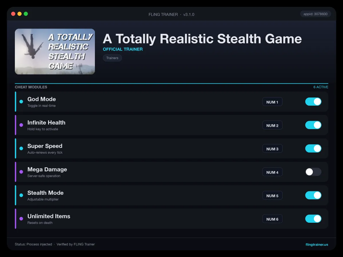A Totally Realistic Stealth Game Trainer interface