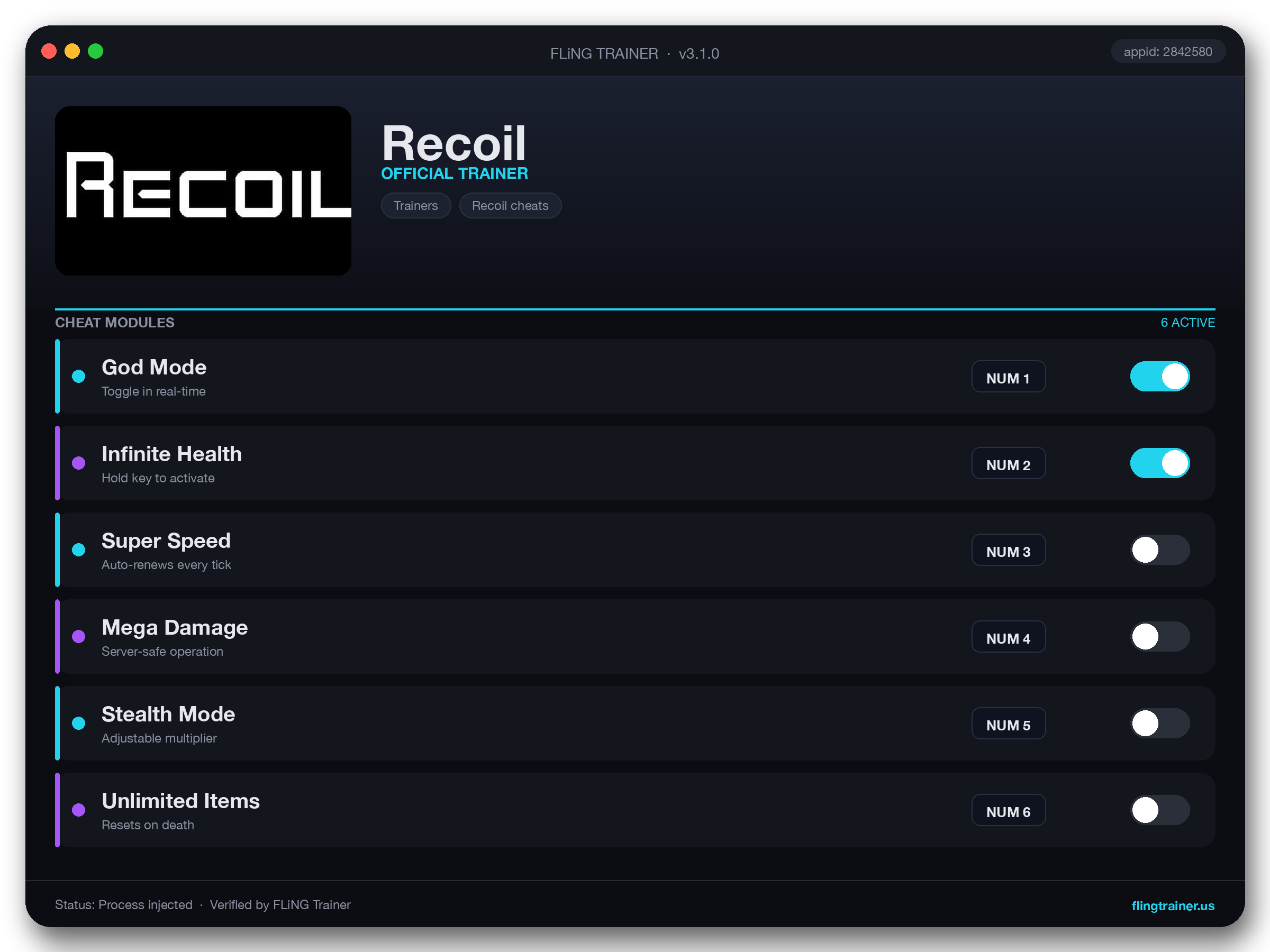 Recoil Trainer interface