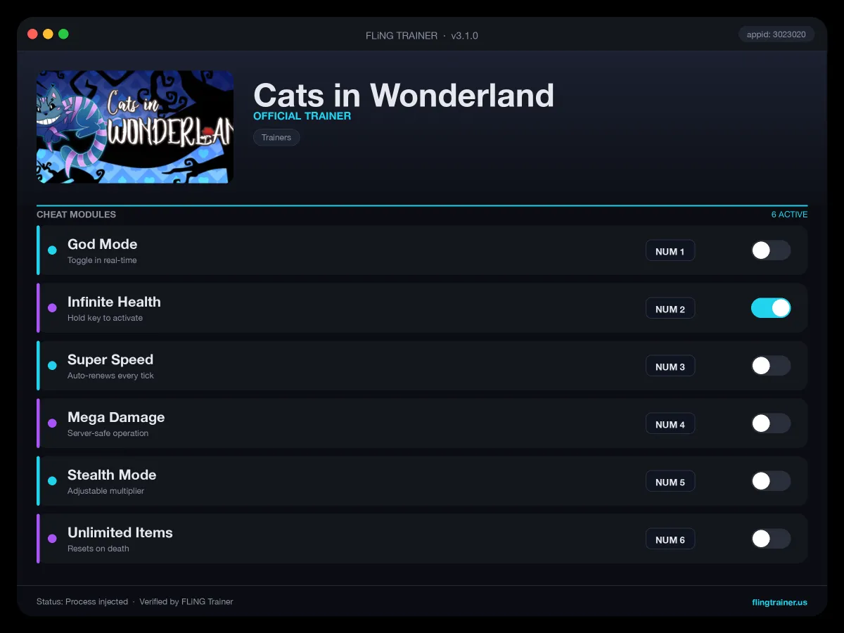 Cats in Wonderland Trainer interface