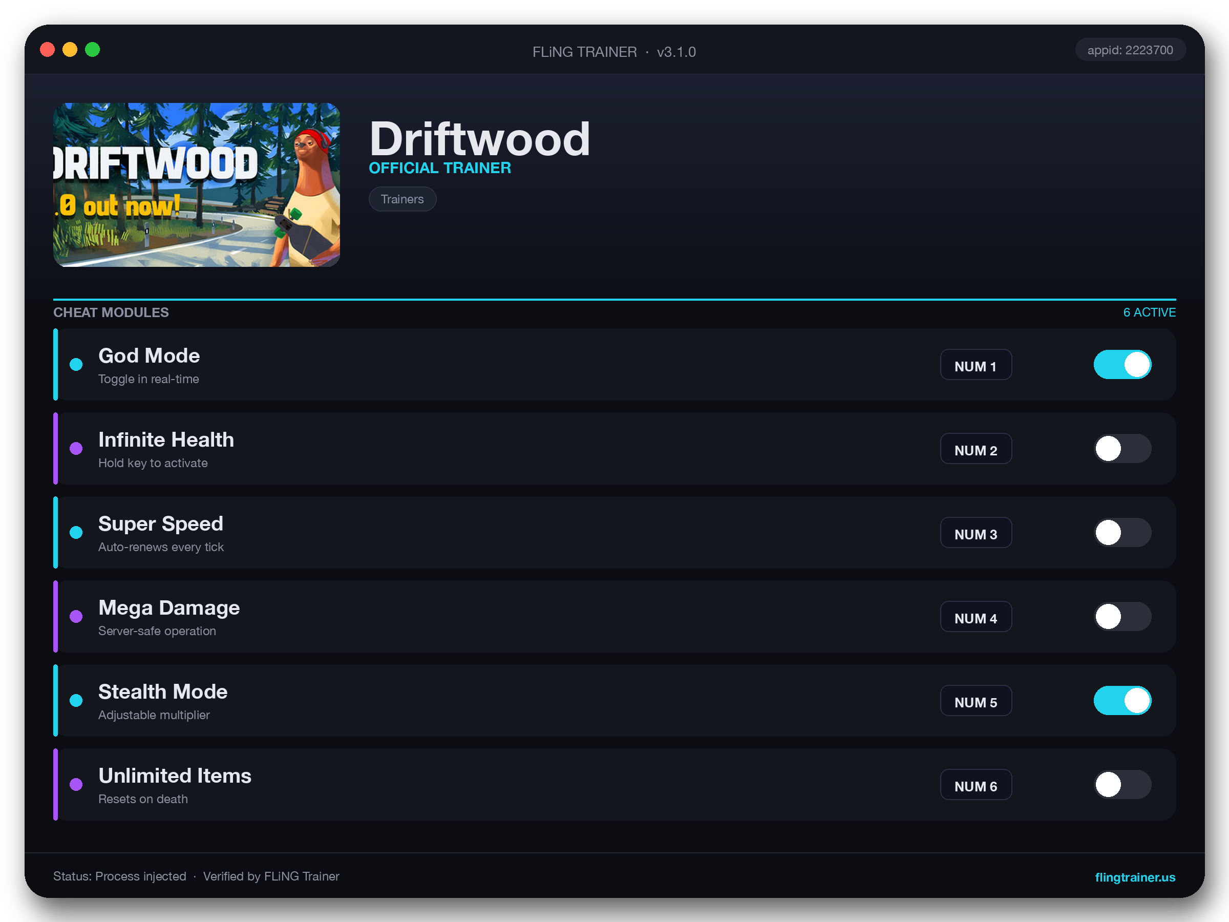 Driftwood Trainer interface