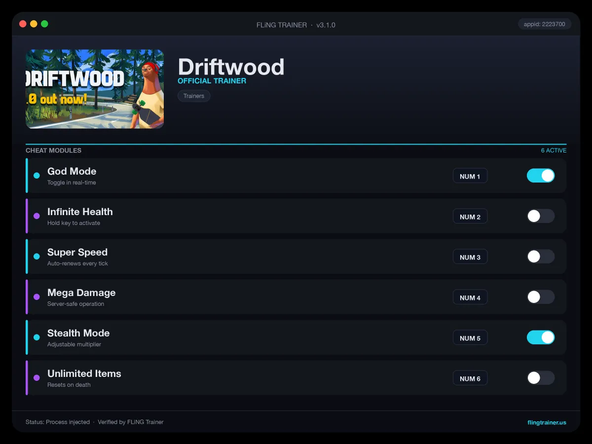 Driftwood Trainer interface