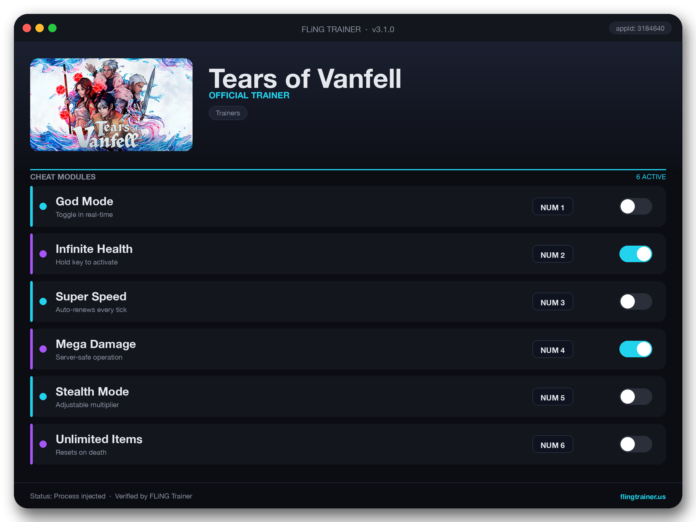Tears of Vanfell Trainer interface