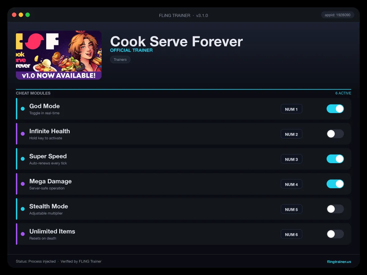 Cook Serve Forever Trainer interface