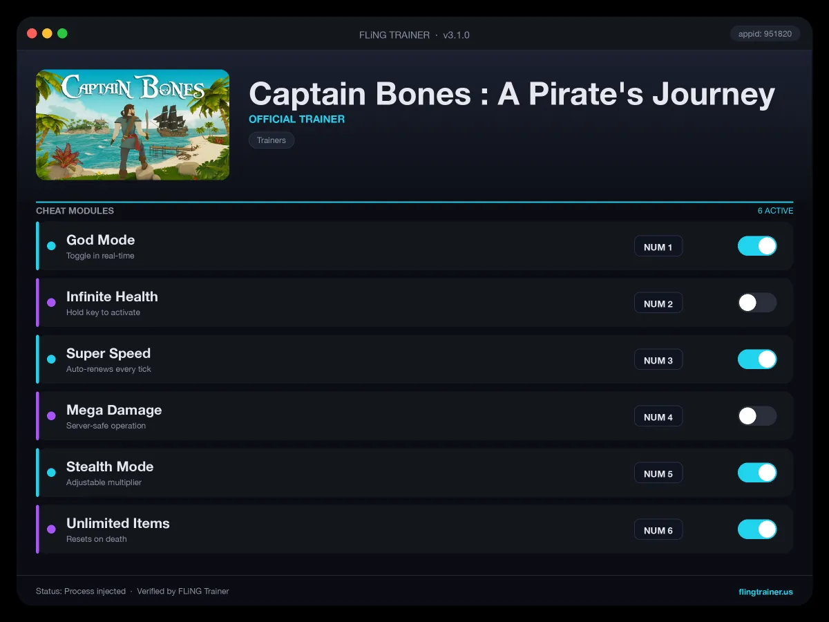 Captain Bones : A Pirate's Journey Trainer interface