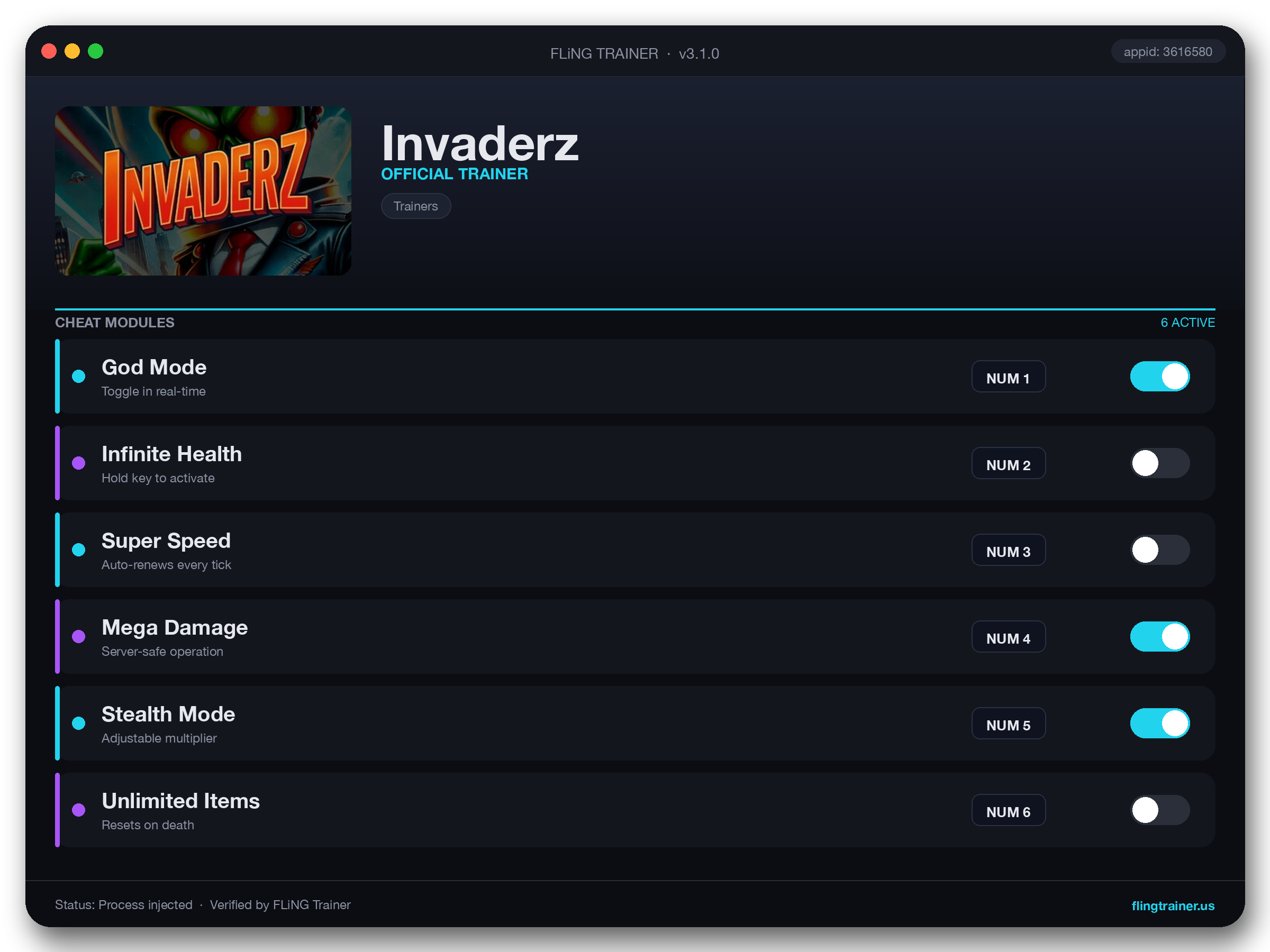 Invaderz Trainer interface