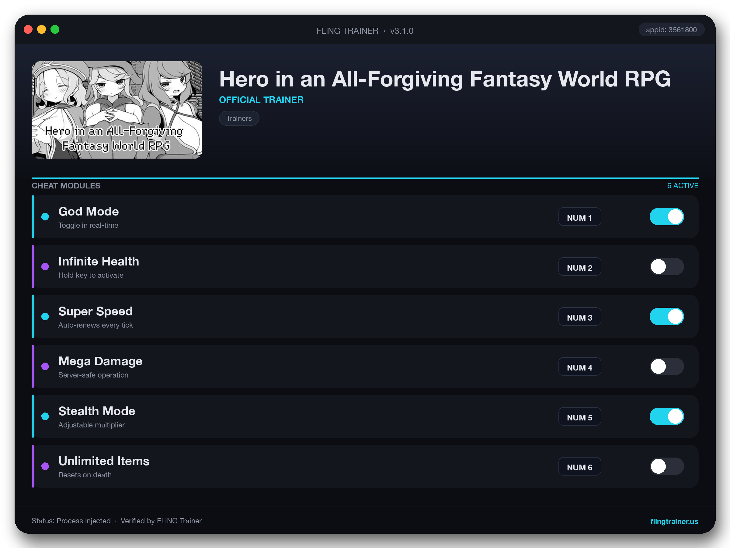 Hero in an All-Forgiving Fantasy World RPG Trainer interface