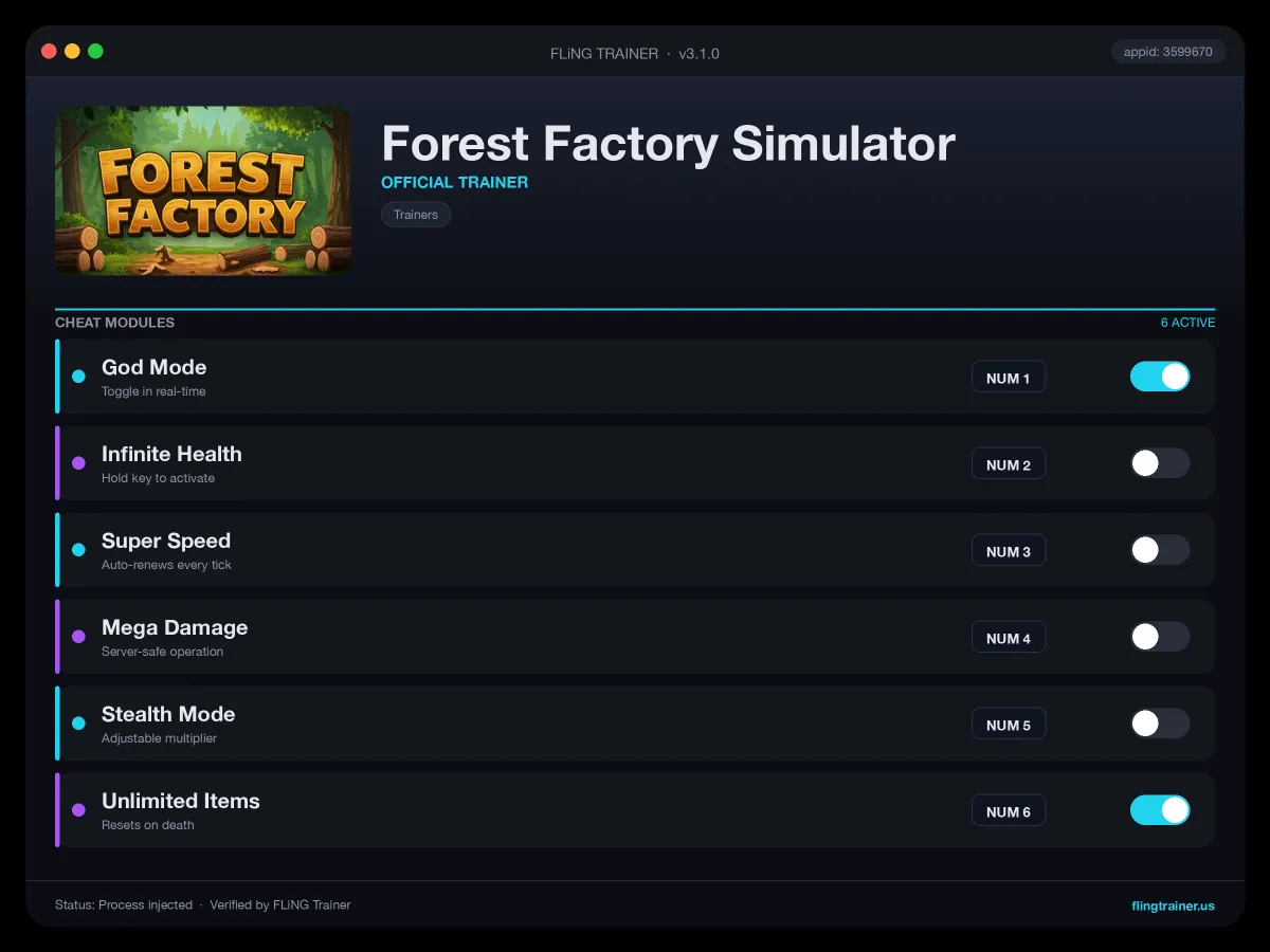 Forest Factory Simulator Trainer interface