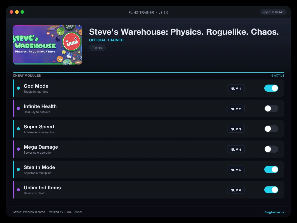 Steve's Warehouse: Physics. Roguelike. Chaos. Trainer interface