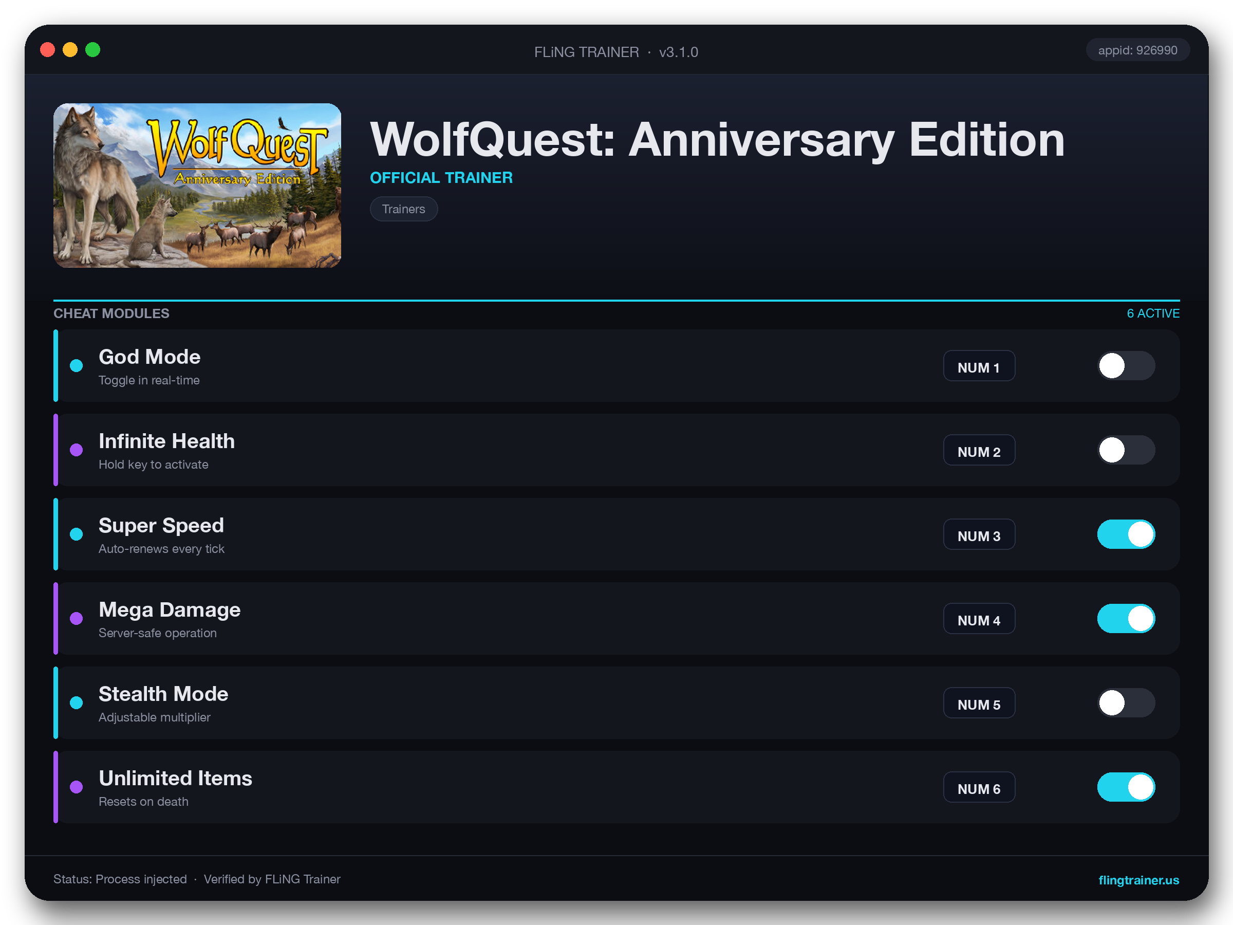 WolfQuest: Anniversary Edition Trainer interface