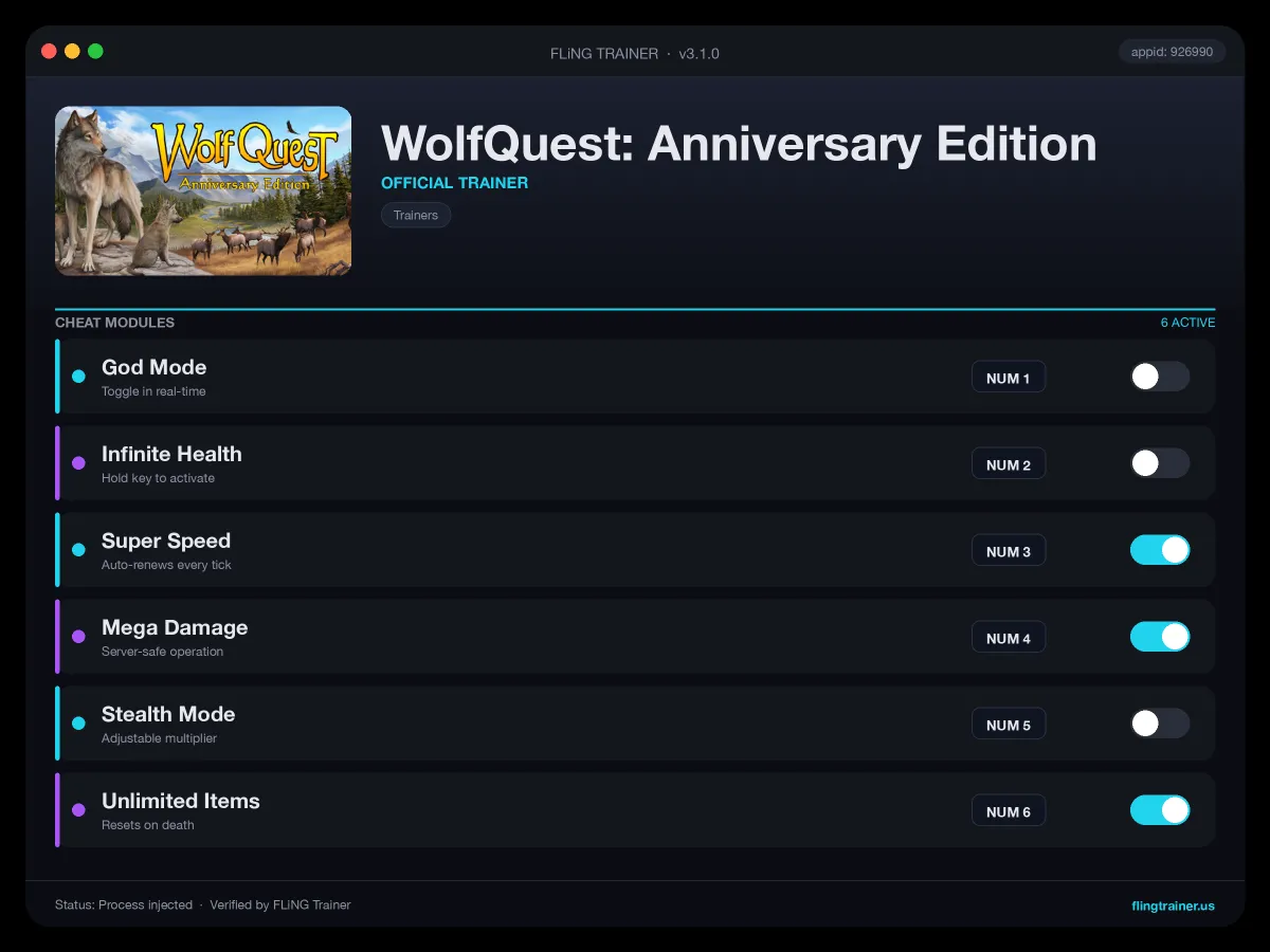 WolfQuest: Anniversary Edition Trainer interface