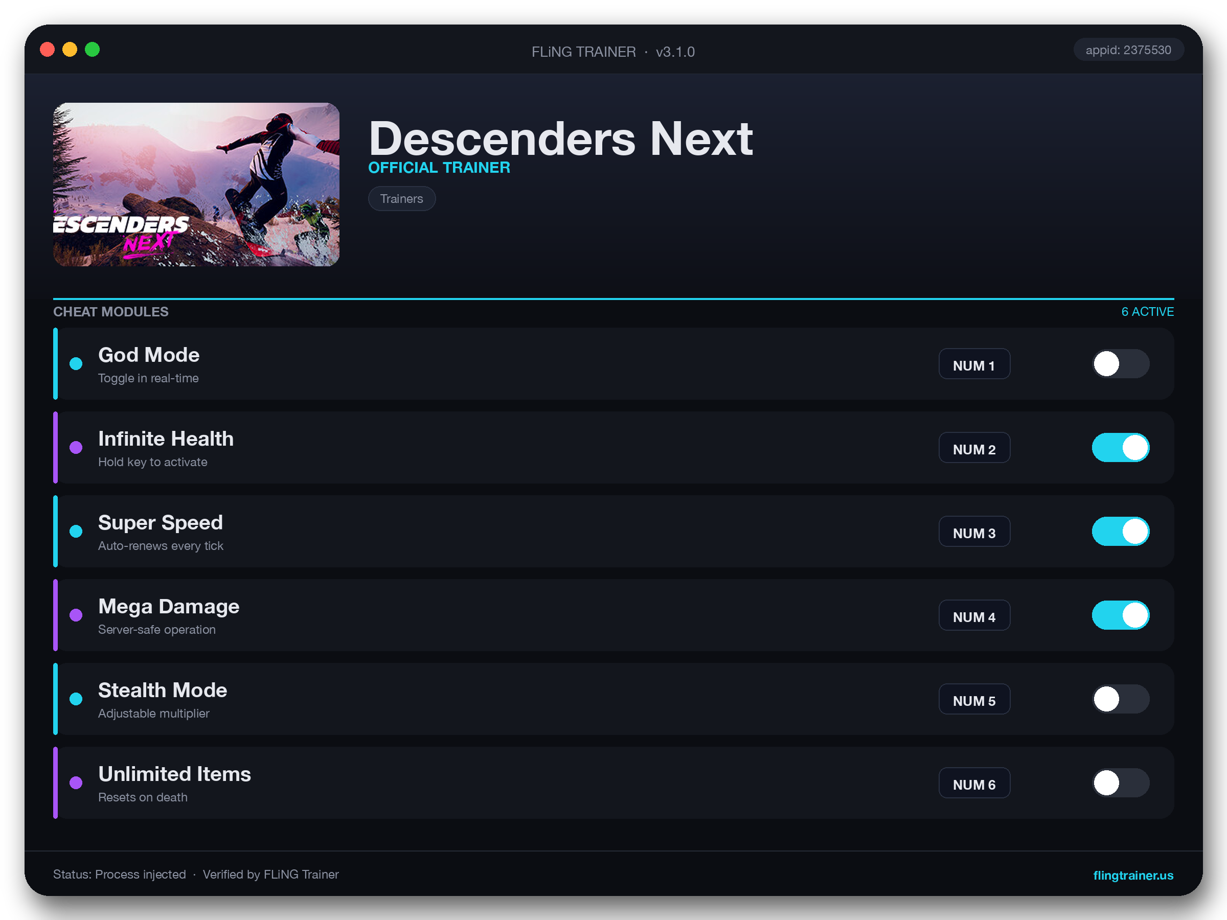 Descenders Next Trainer interface