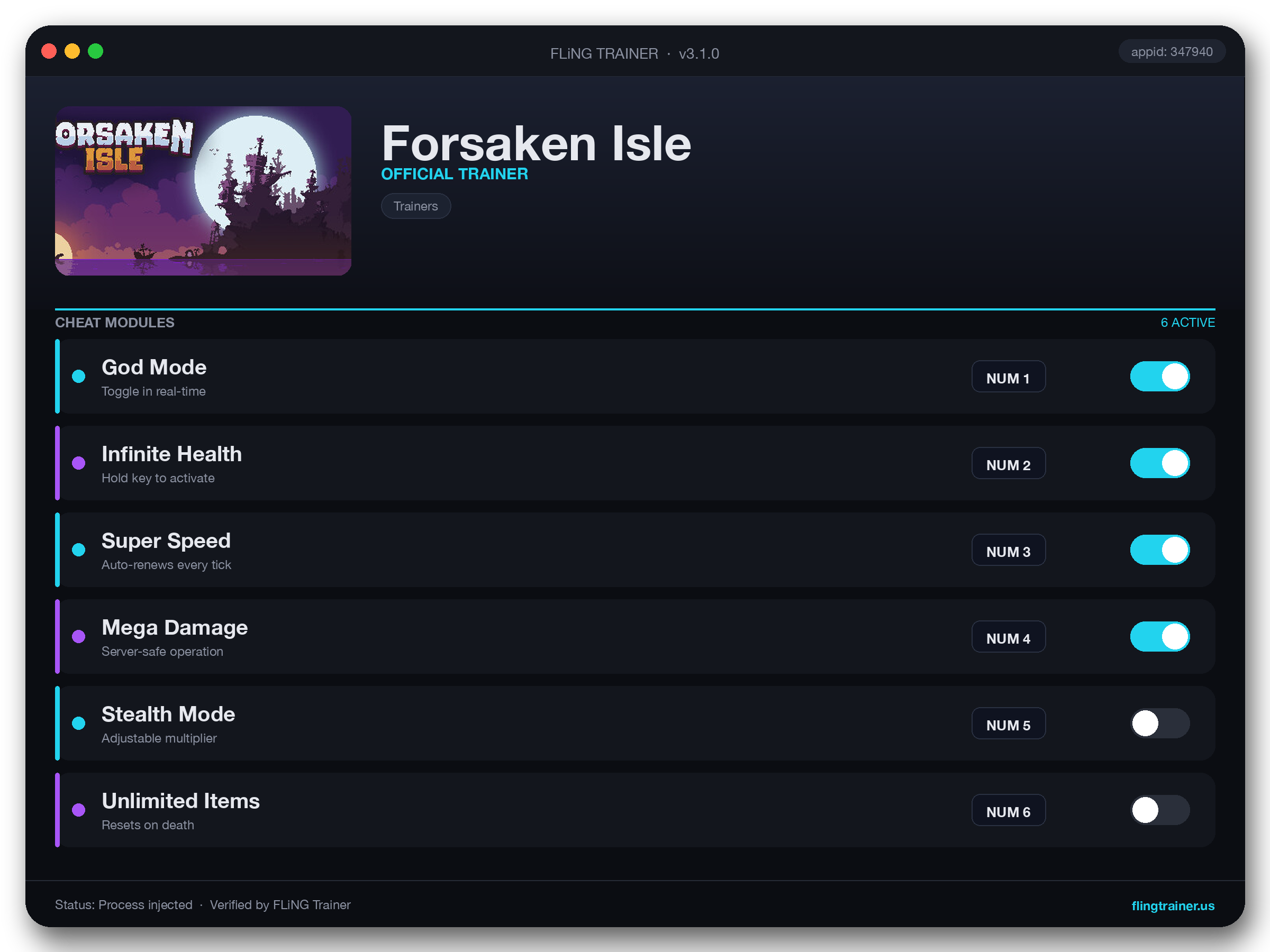 Forsaken Isle Trainer interface