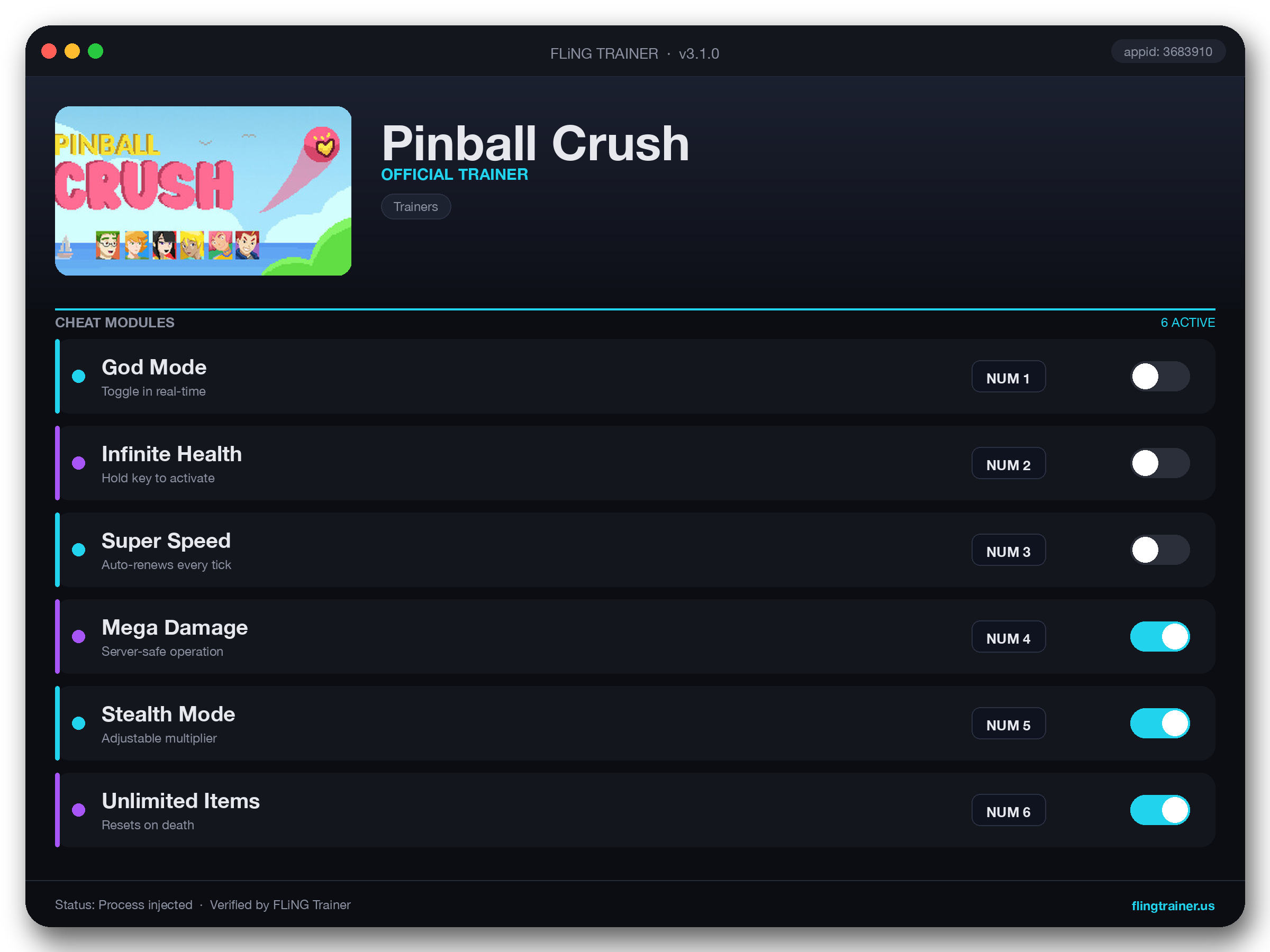 Pinball Crush Trainer interface