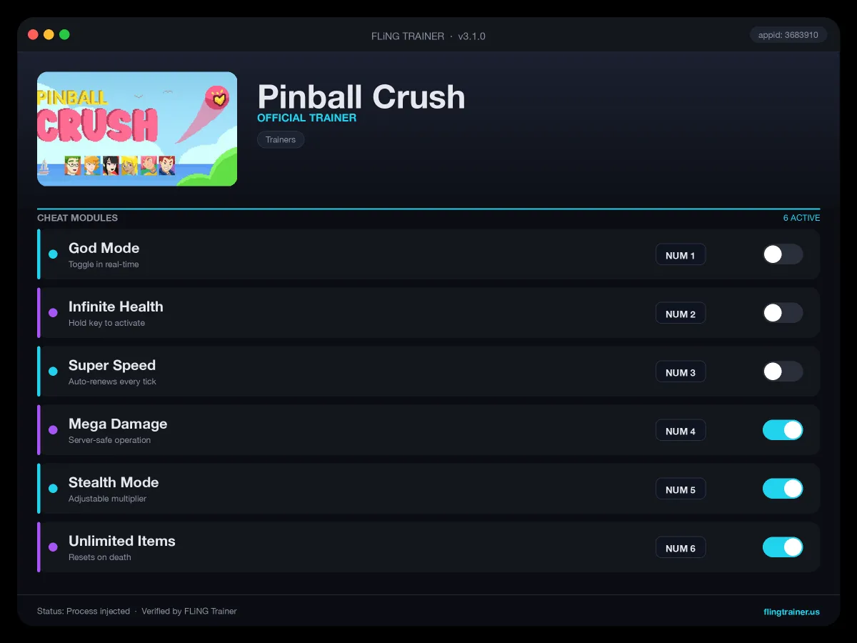 Pinball Crush Trainer interface