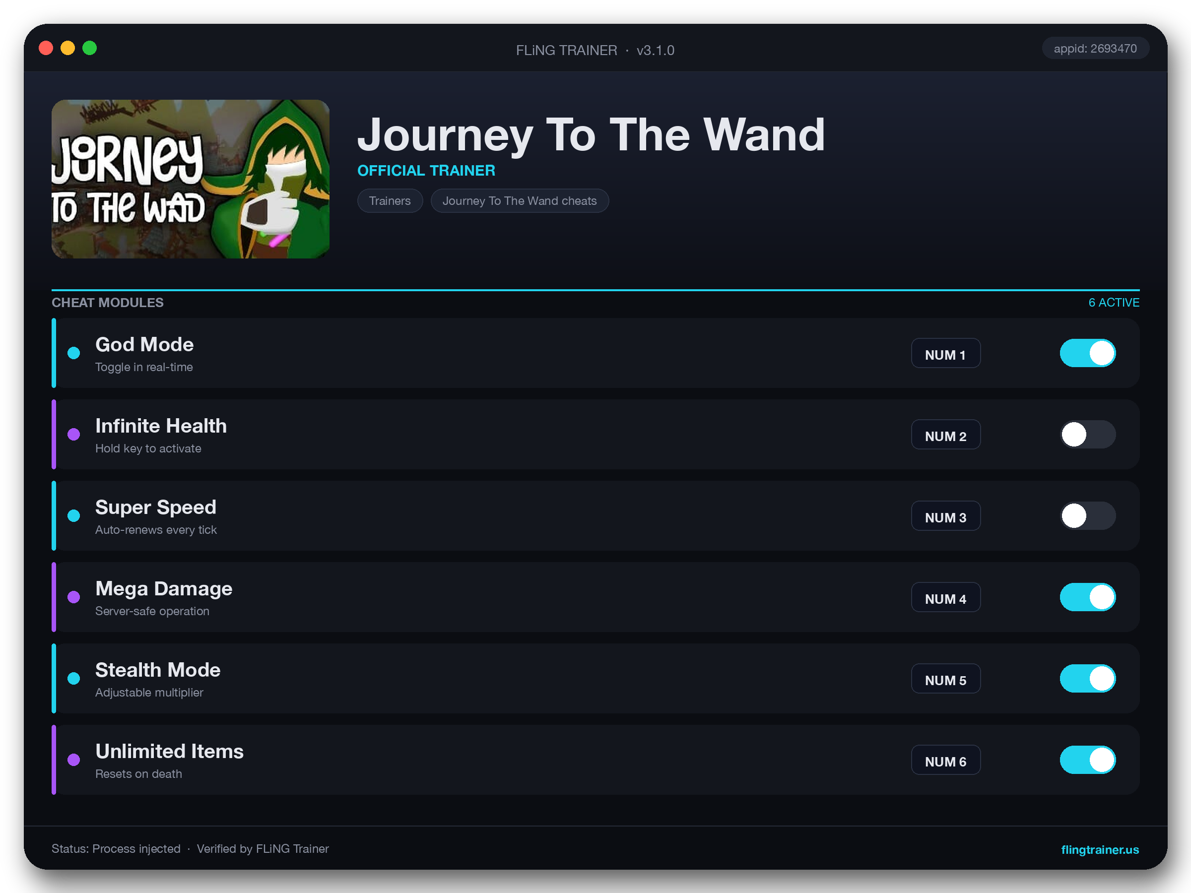 Journey To The Wand Trainer interface