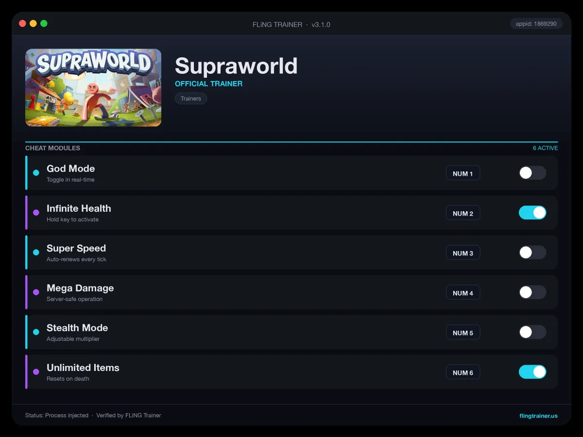 Supraworld Trainer interface
